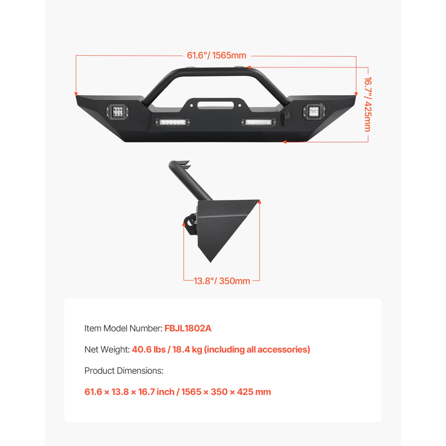 VEVOR Front Bumper Compatible with 2018-2024 Jeep Wrangler JL JLU & Gladiator JT - with 2PCS LED Light Bars, 2PCS LED Work Lights, Winch Plate &