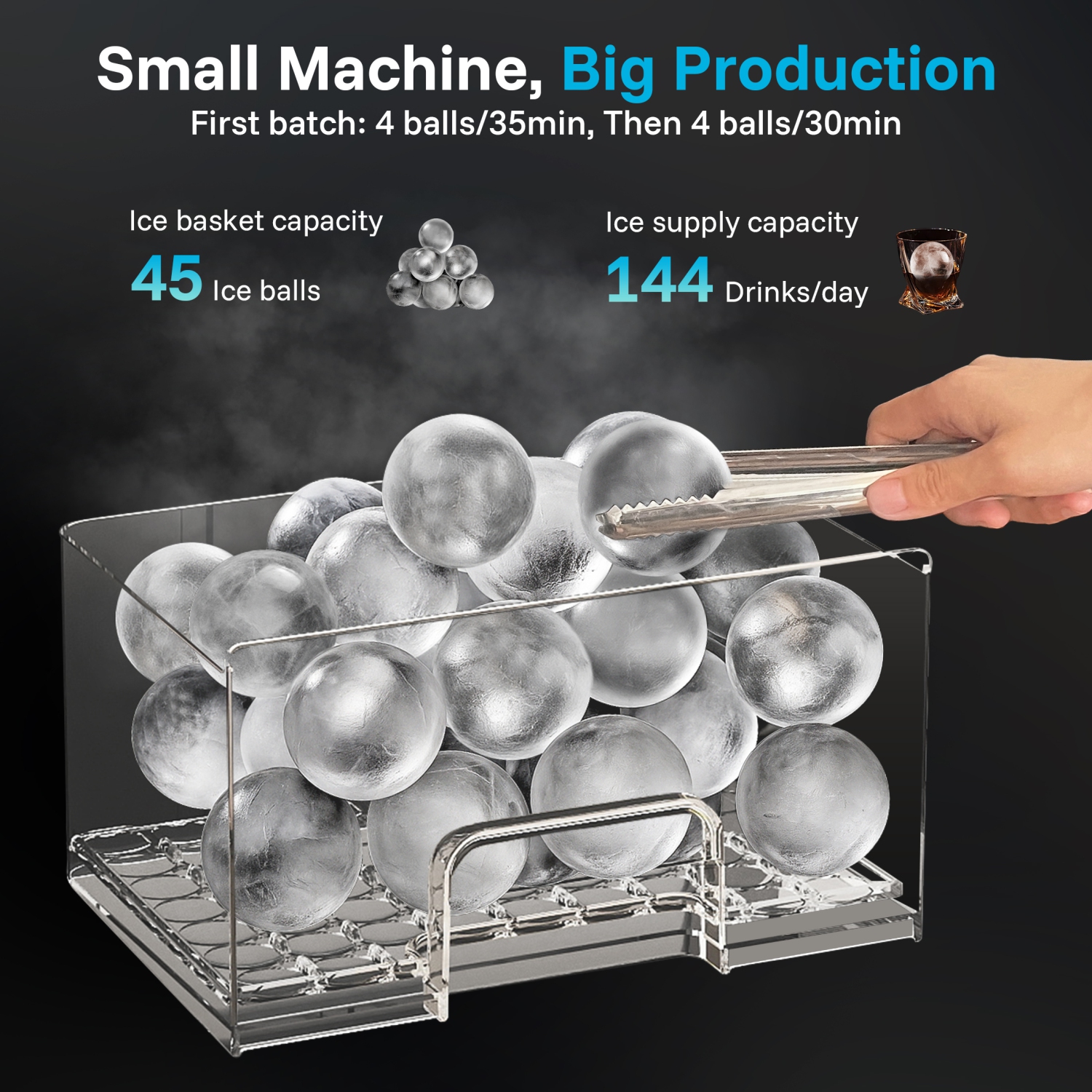 Etust Ice Ball Maker Machine with Ice Scoop & Self-Cleaning - 188 Pcs/24h, 1.97 Inch Ice Spheres, Black