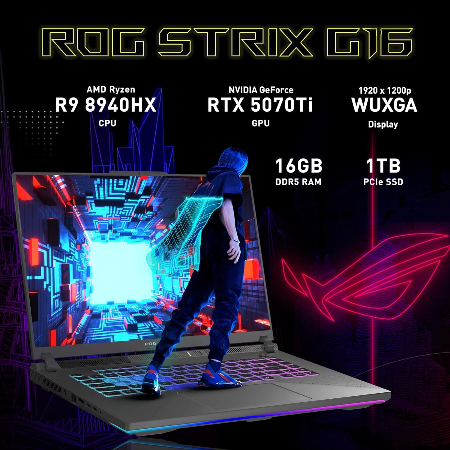 ASUS ROG Strix G16 Gaming Laptop, GeForce RTX 5070 Ti 12GB GDDR7,AMD Ryzen 9 8940HX,1TB SSD,16GB DDR5,Backlit Keyboard,16" WUXGA 165Hz Display,Win 11