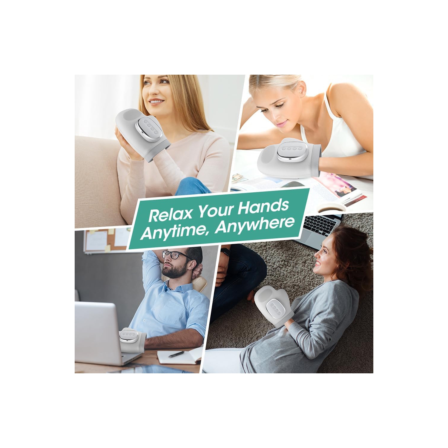 Gants de massage sans fil pour les mains avec chaleur et compression, 5 intensités, 3 niveaux de chaleur, 3 modes pour les doigts et le tunnel carpien