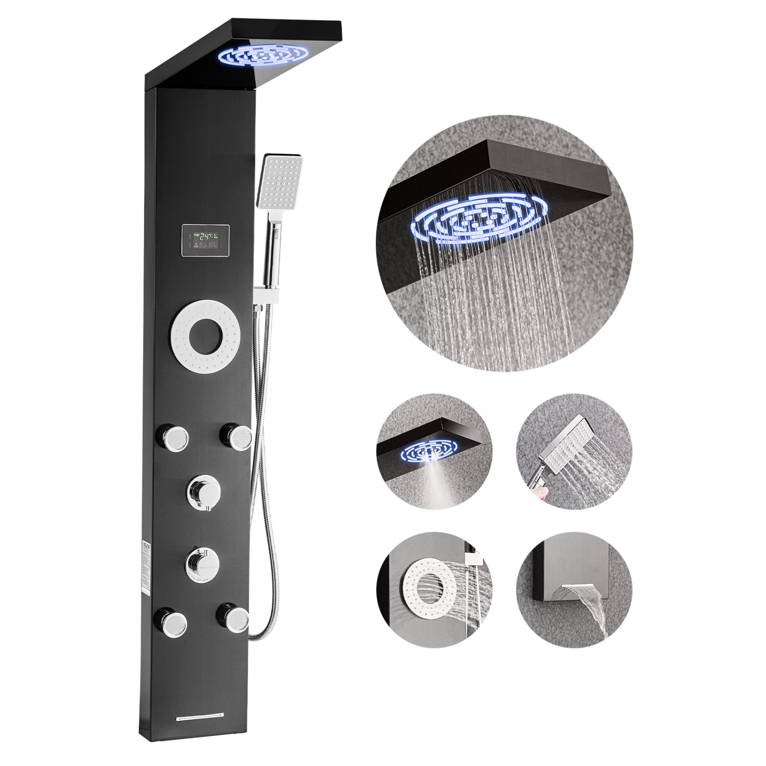 VEVOR 53 in Shower Panel Tower System with Rainfall Shower Head, LED, Brushed Stainless Steel Shower Column, 6-Function Faucet, Wall-Mount Rain