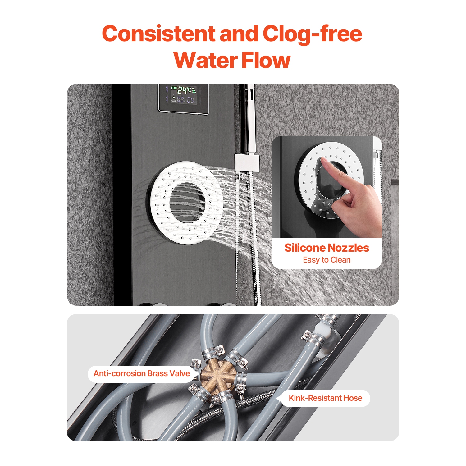 VEVOR 53 in Shower Panel Tower System with Rainfall Shower Head, LED, Brushed Stainless Steel Shower Column, 6-Function Faucet, Wall-Mount Rain