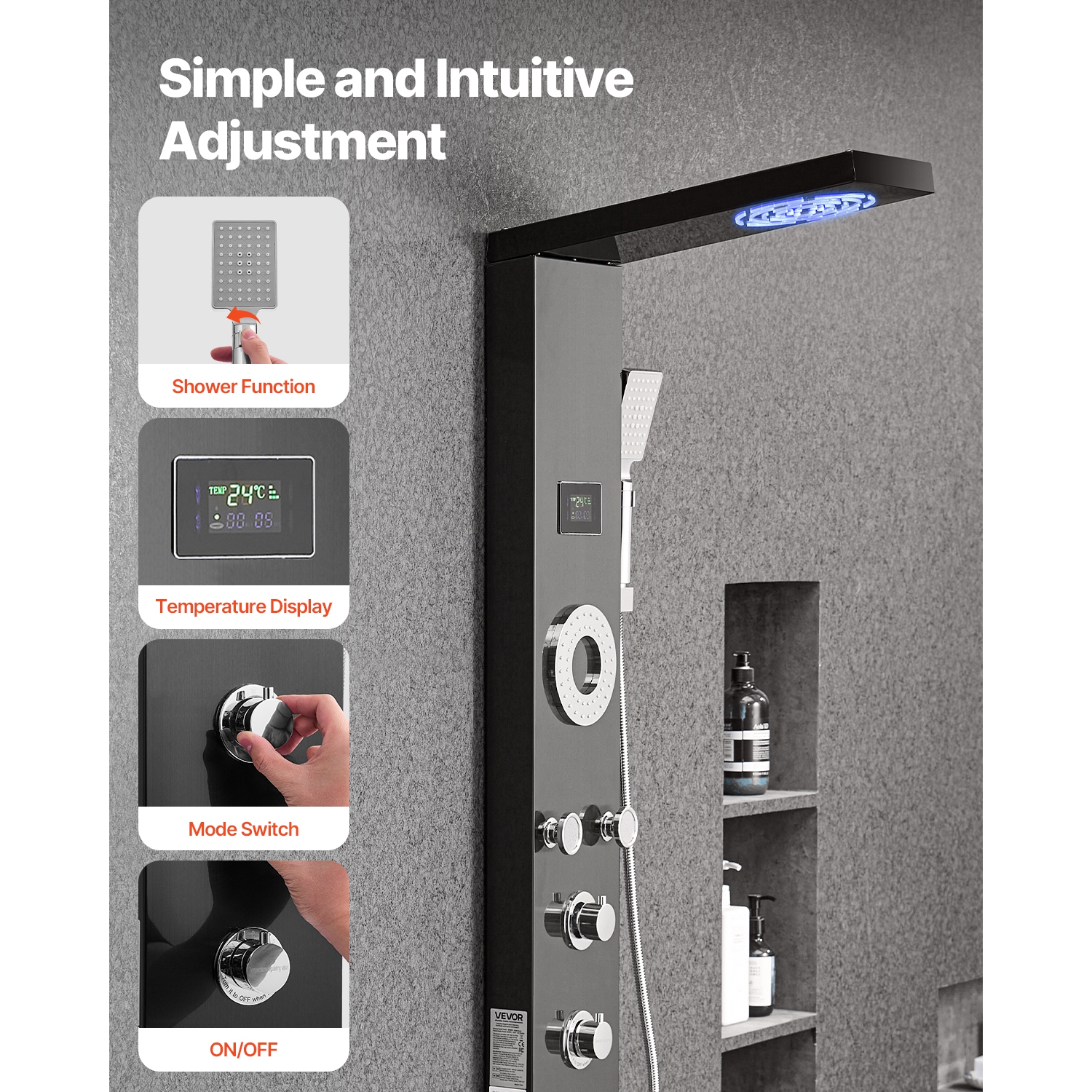 VEVOR 53 in Shower Panel Tower System with Rainfall Shower Head, LED, Brushed Stainless Steel Shower Column, 6-Function Faucet, Wall-Mount Rain