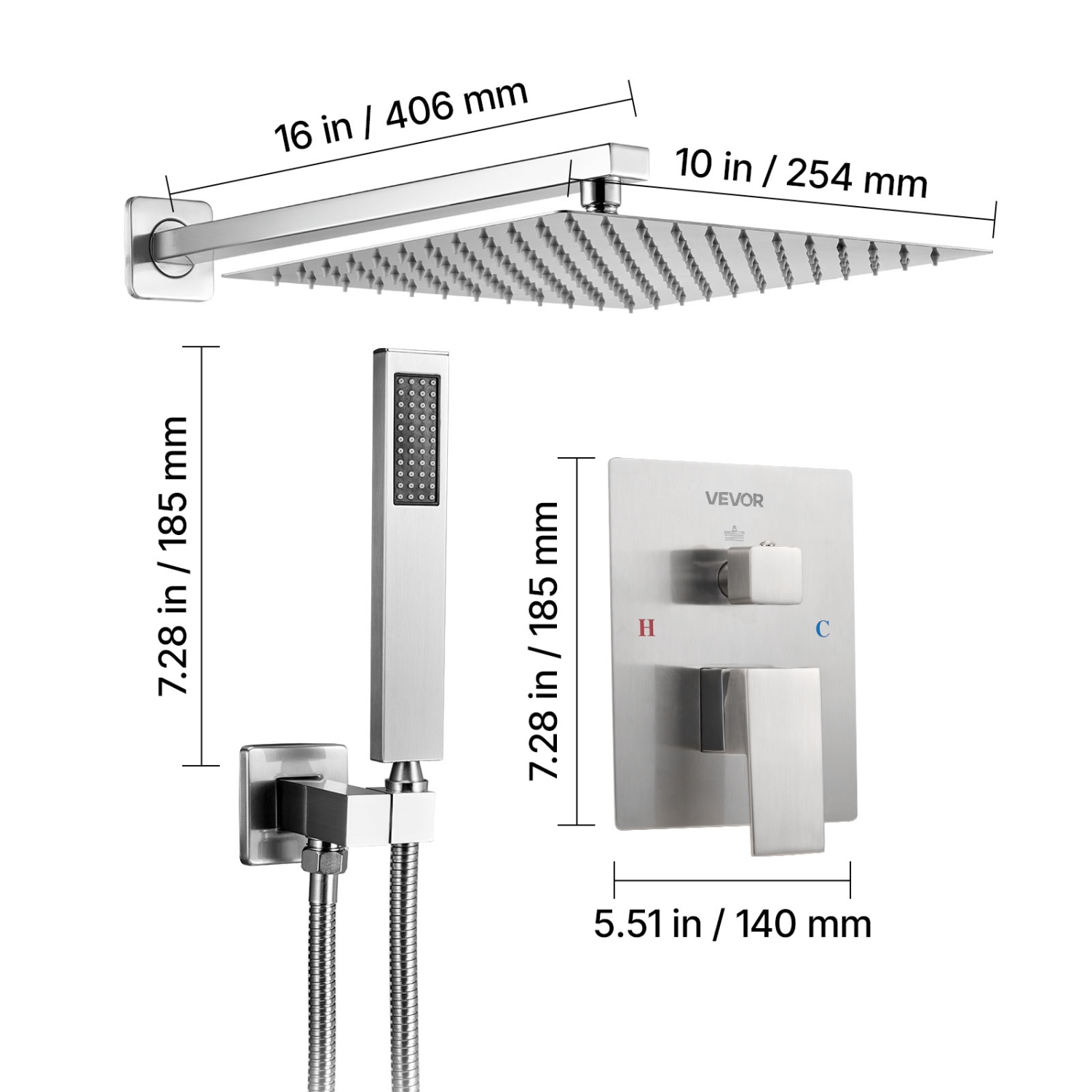 Robinet de douche VEVOR de 10&nbsp;po, système de douche Rainfall pour salle de bain avec pomme de douche carrée et vaporisateur à main, appareils de