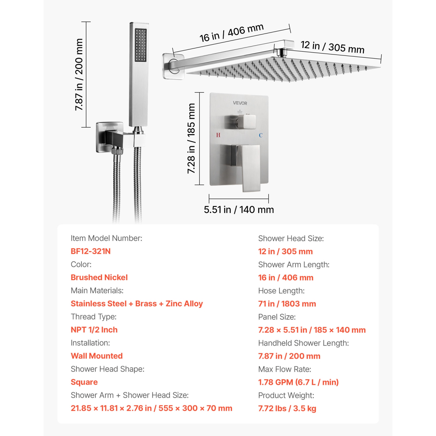 VEVOR 12-Inch Shower Faucet Set, Rainfall Bathroom Shower System with Square Rain Shower Head and Handheld Spray, Wall Mounted Bath Fixtures with