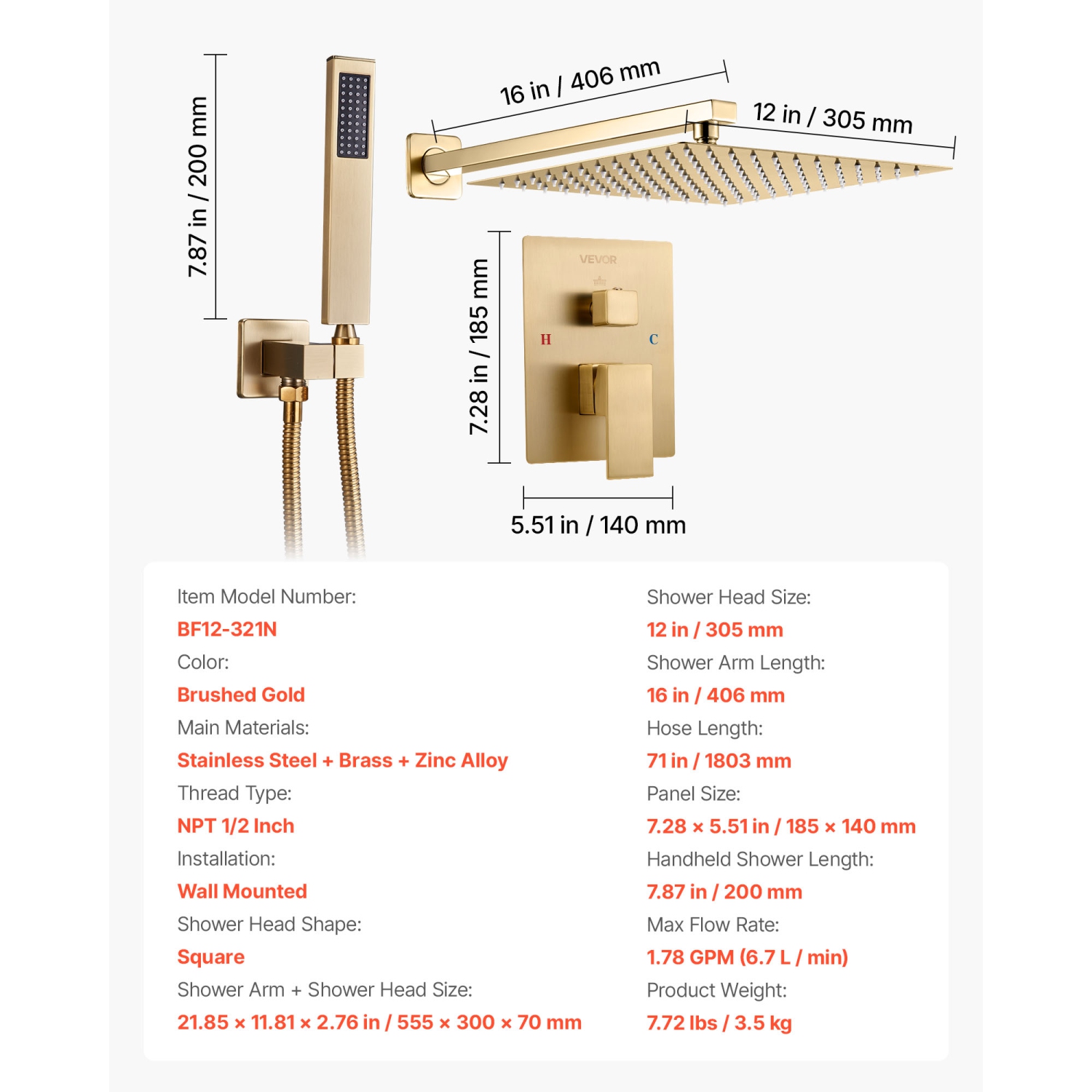 VEVOR 12-Inch Shower Faucet Set, Rainfall Bathroom Shower System with Square Rain Shower Head and Handheld Spray, Wall Mounted Bath Fixtures with