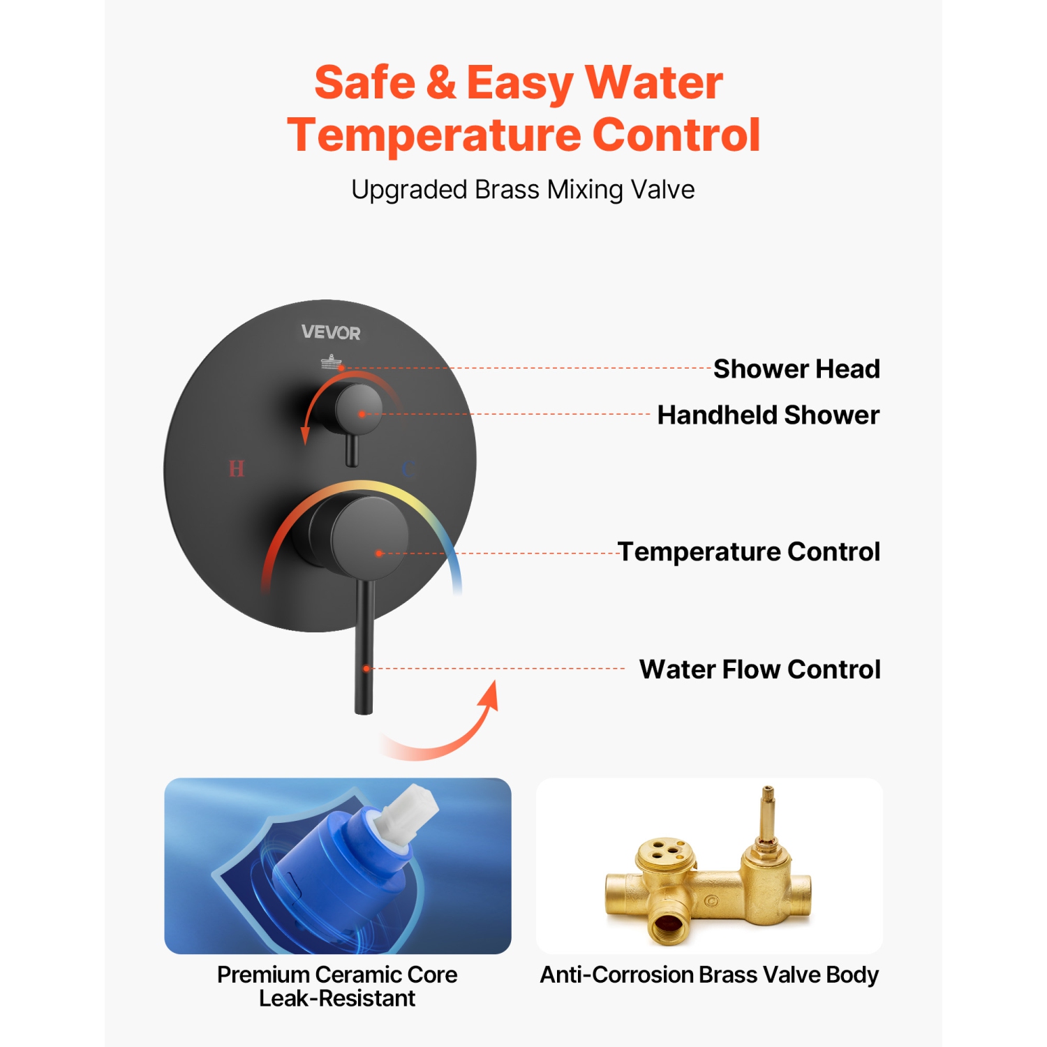 VEVOR 8-Inch Shower Faucet Set, Rainfall Bathroom Shower System with Round Rain Shower Head and Handheld Spray, Wall Mounted Bath Fixtures with Brass