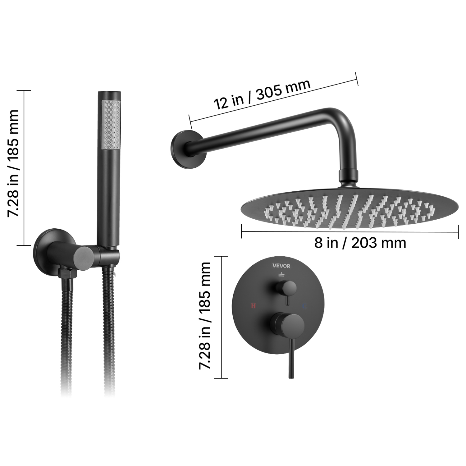 VEVOR 8-Inch Shower Faucet Set, Rainfall Bathroom Shower System with Round Rain Shower Head and Handheld Spray, Wall Mounted Bath Fixtures with Brass