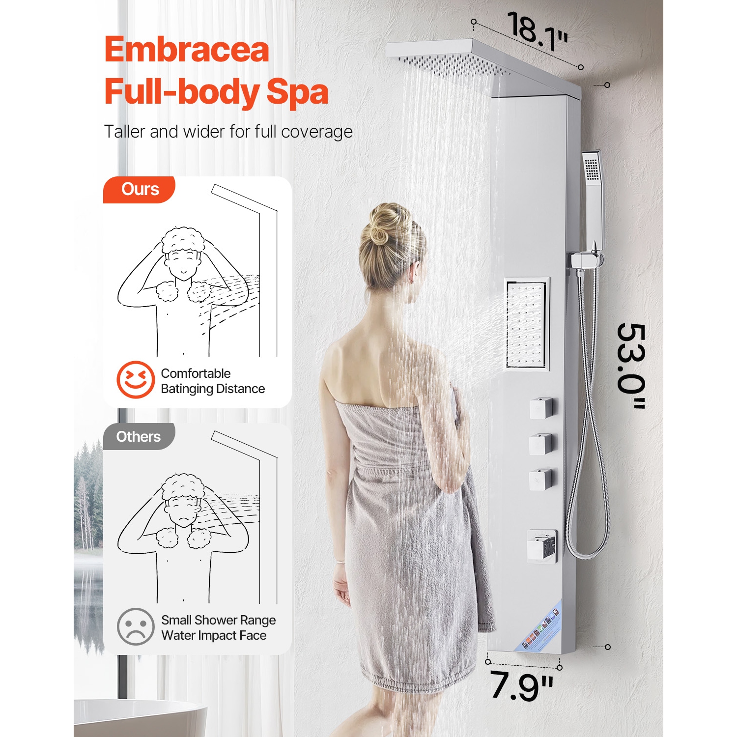 VEVOR 53 in Shower Panel Tower System with Rainfall Shower Head, Brushed Stainless Steel Shower Column, 3-Function Faucet, High Pressure Wall-Mount