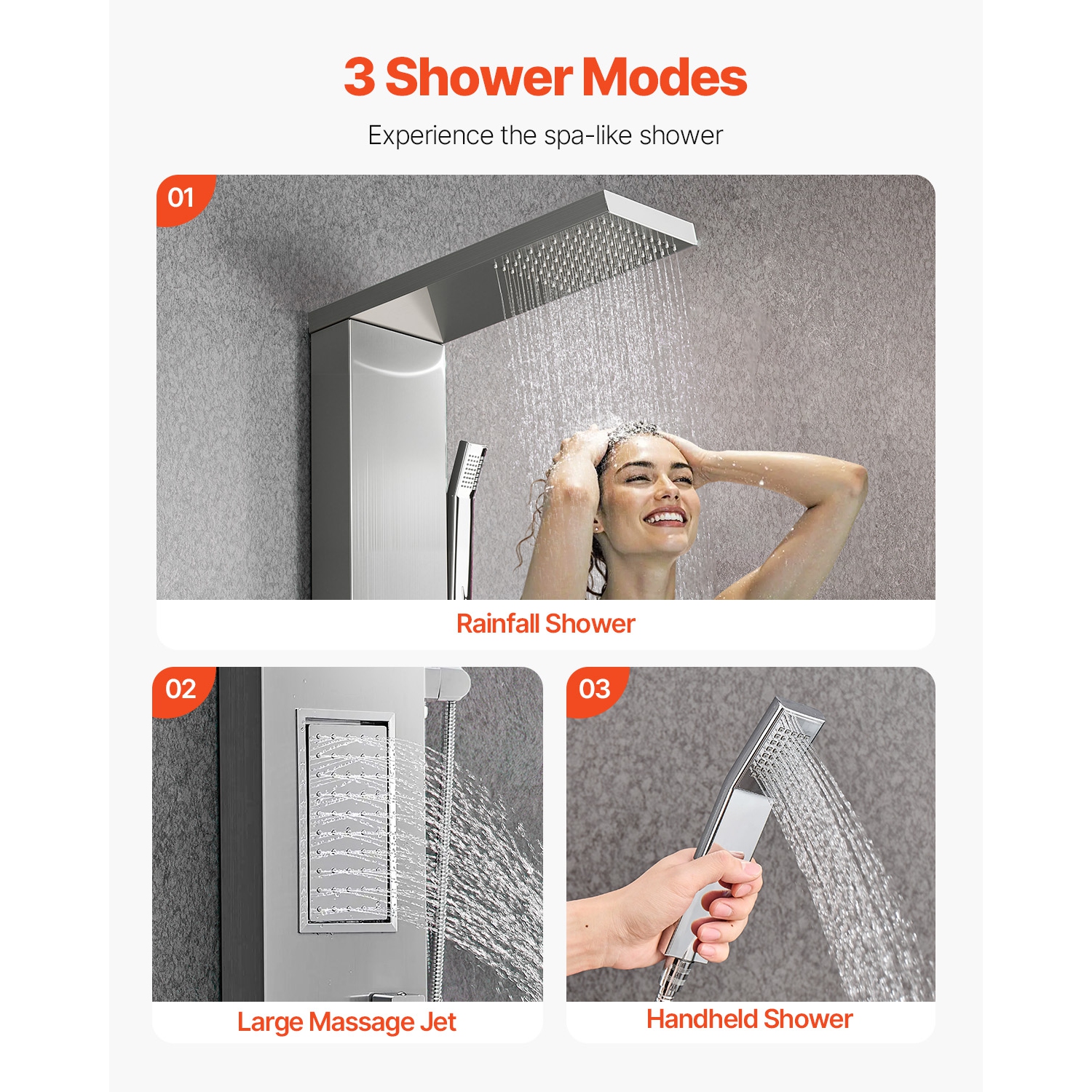 VEVOR 53 in Shower Panel Tower System with Rainfall Shower Head, Brushed Stainless Steel Shower Column, 3-Function Faucet, High Pressure Wall-Mount