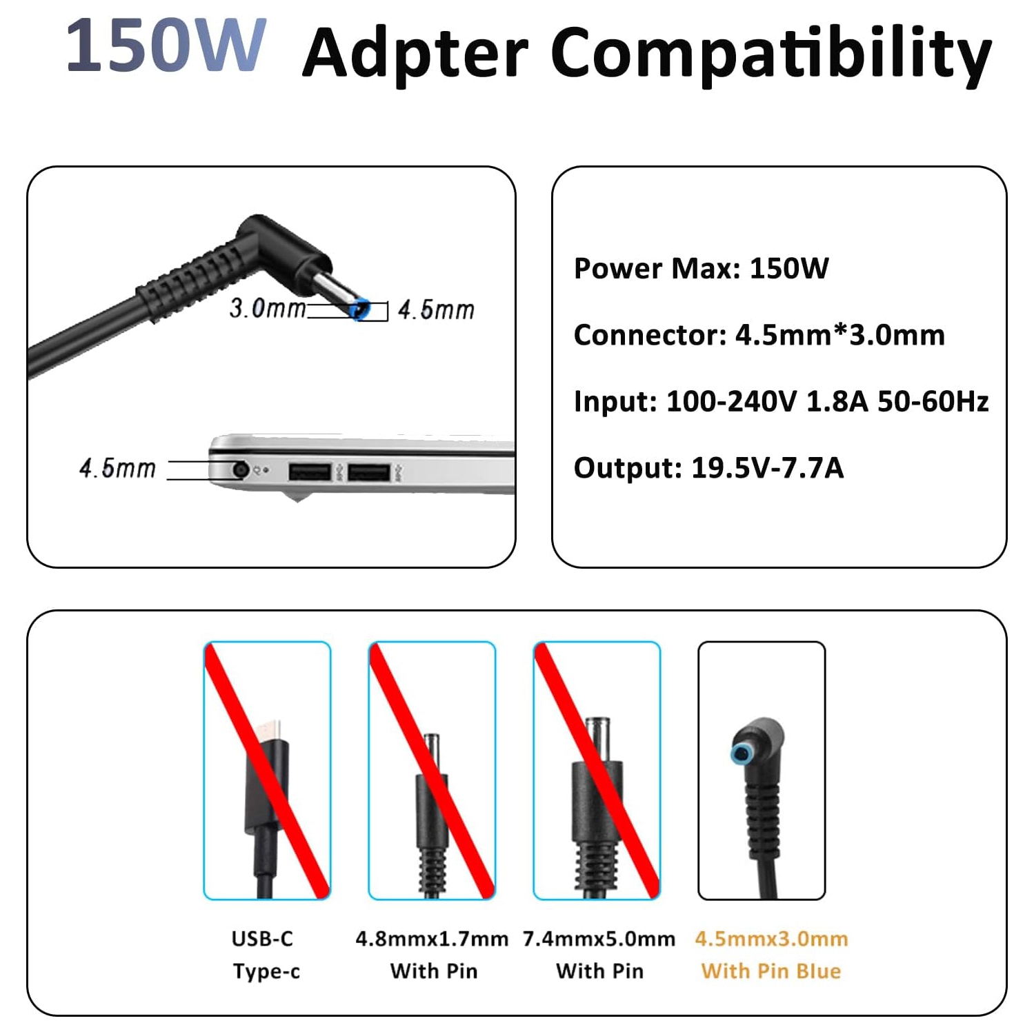 150W AC Adapter for HP ZBook 15 16 17 15U 15V G7 G3 G4 G5 G6 G8 G9 ZBook Studio G3 G4 G5 G6 G7 G8 Victus Pavilion Fury 15 17 TPN-CA11 TPN-DA09 Gaming