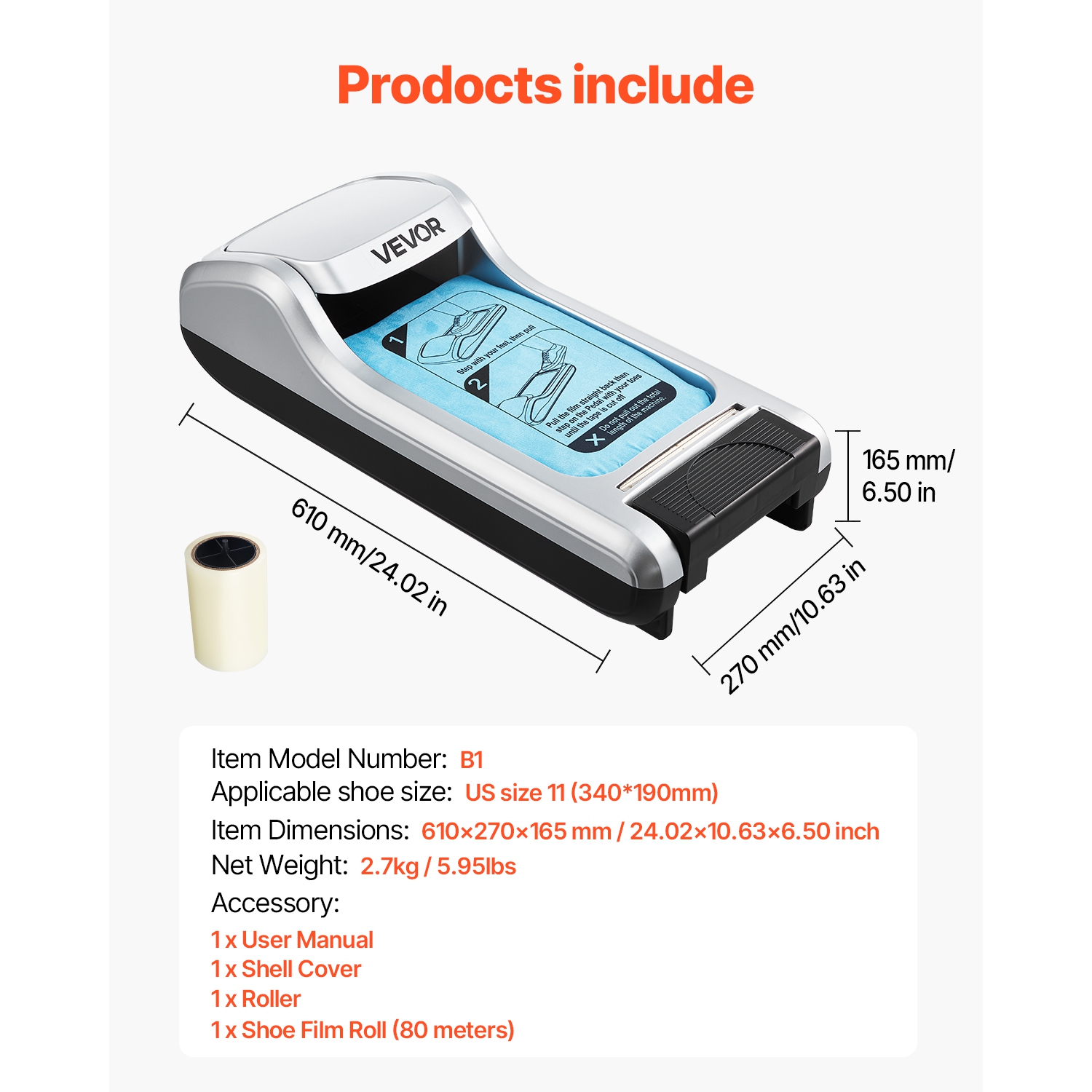 VEVOR Shoe Cover Dispenser, Automatic Shoe Film Machine with 1 Roll of Non-Slip Disposable Sole Membrane, Fits Size Up to US 11, for Home, Office,
