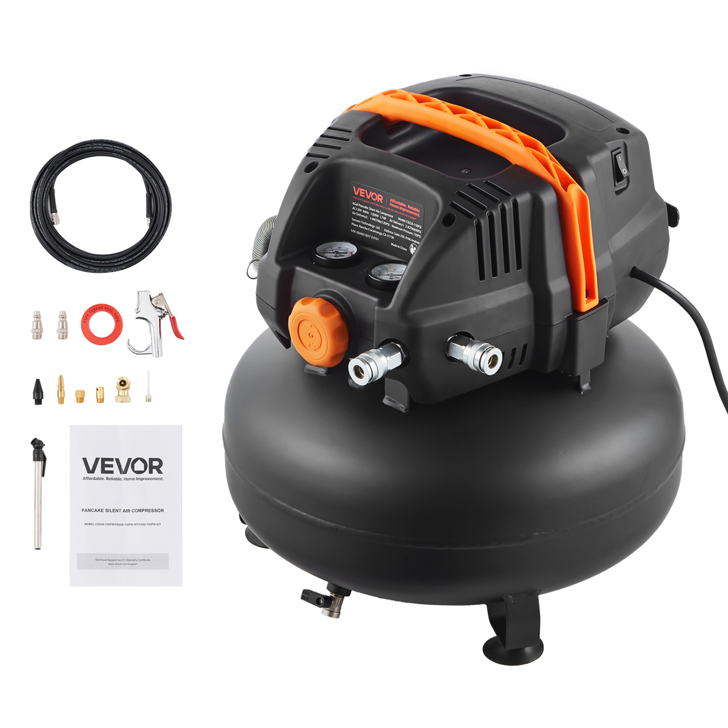 VEVOR 6 Gallon Air Compressor, 1.7HP 2.3CFM@90PSI Portable Pancake Air Compressor & 150PSI Max Pressure, 12-Piece Accessory Kit with 25FT Air Hose for Tire Inflation,Spray Painting