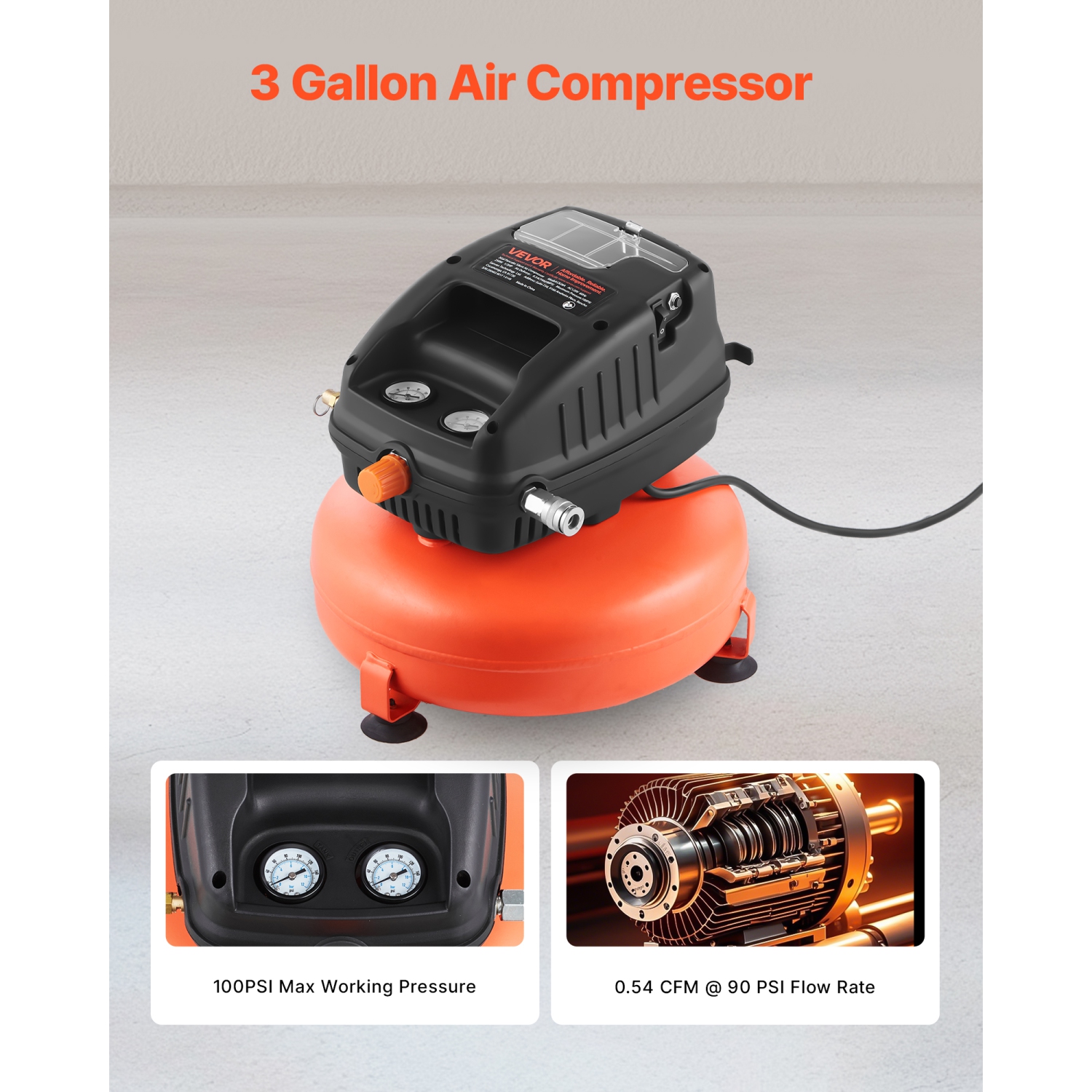 VEVOR 3 Gallon Air Compressor, 1/3HP 0.54CFM @ 90PSI Portable Pancake Air Compressor & 100PSI Max Working Pressure, Oil-Free Compressor Tank for Tire