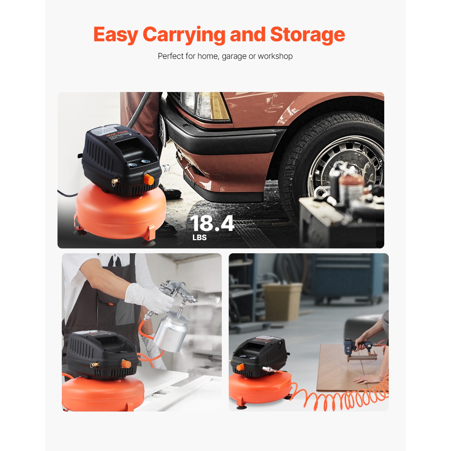 VEVOR 3 Gallon Air Compressor, 1/3HP 0.54CFM @ 90PSI Portable Pancake Air Compressor & 100PSI Max Working Pressure, Oil-Free Compressor Tank for Tire