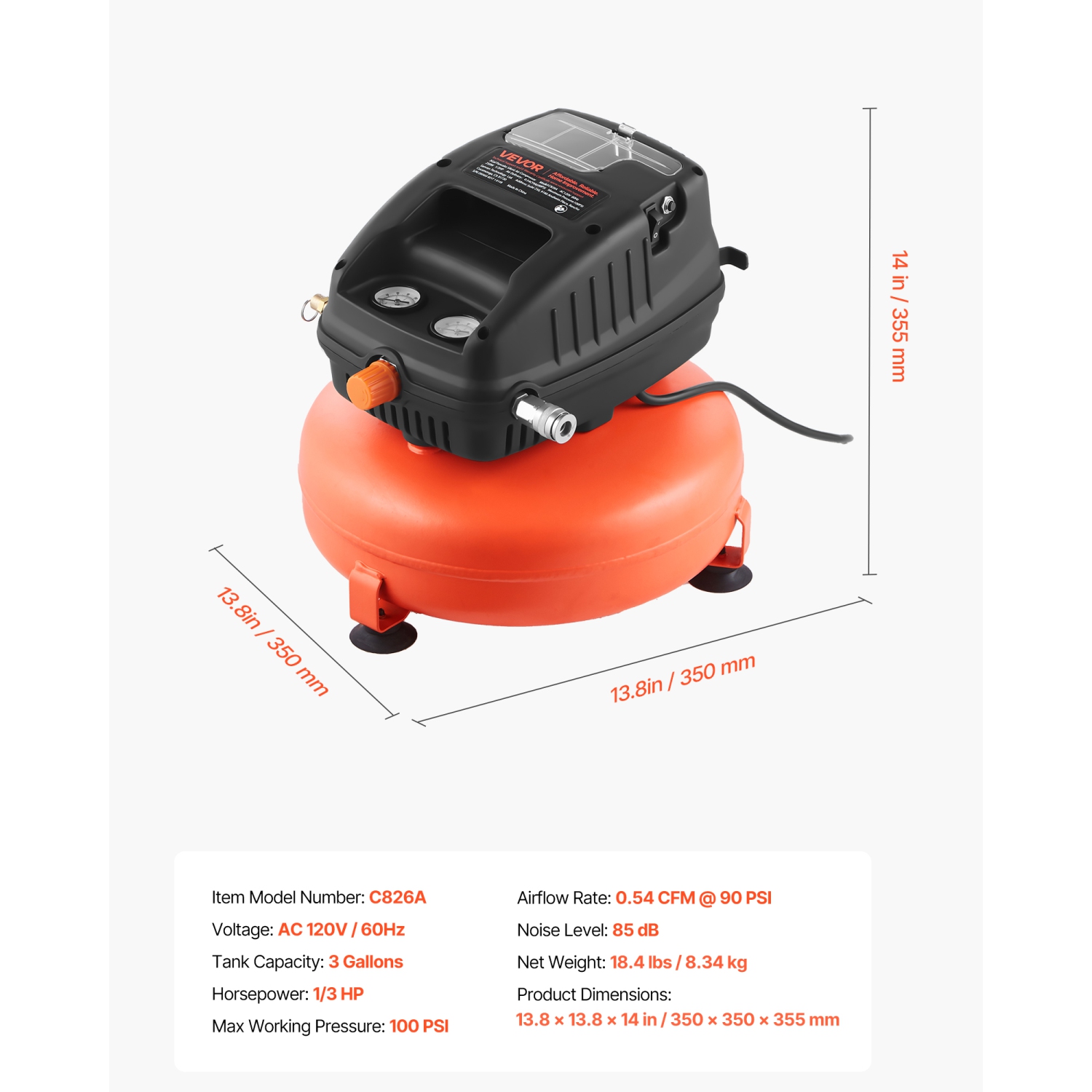 VEVOR 3 Gallon Air Compressor, 1/3HP 0.54CFM @ 90PSI Portable Pancake Air Compressor & 100PSI Max Working Pressure, Oil-Free Compressor Tank for Tire
