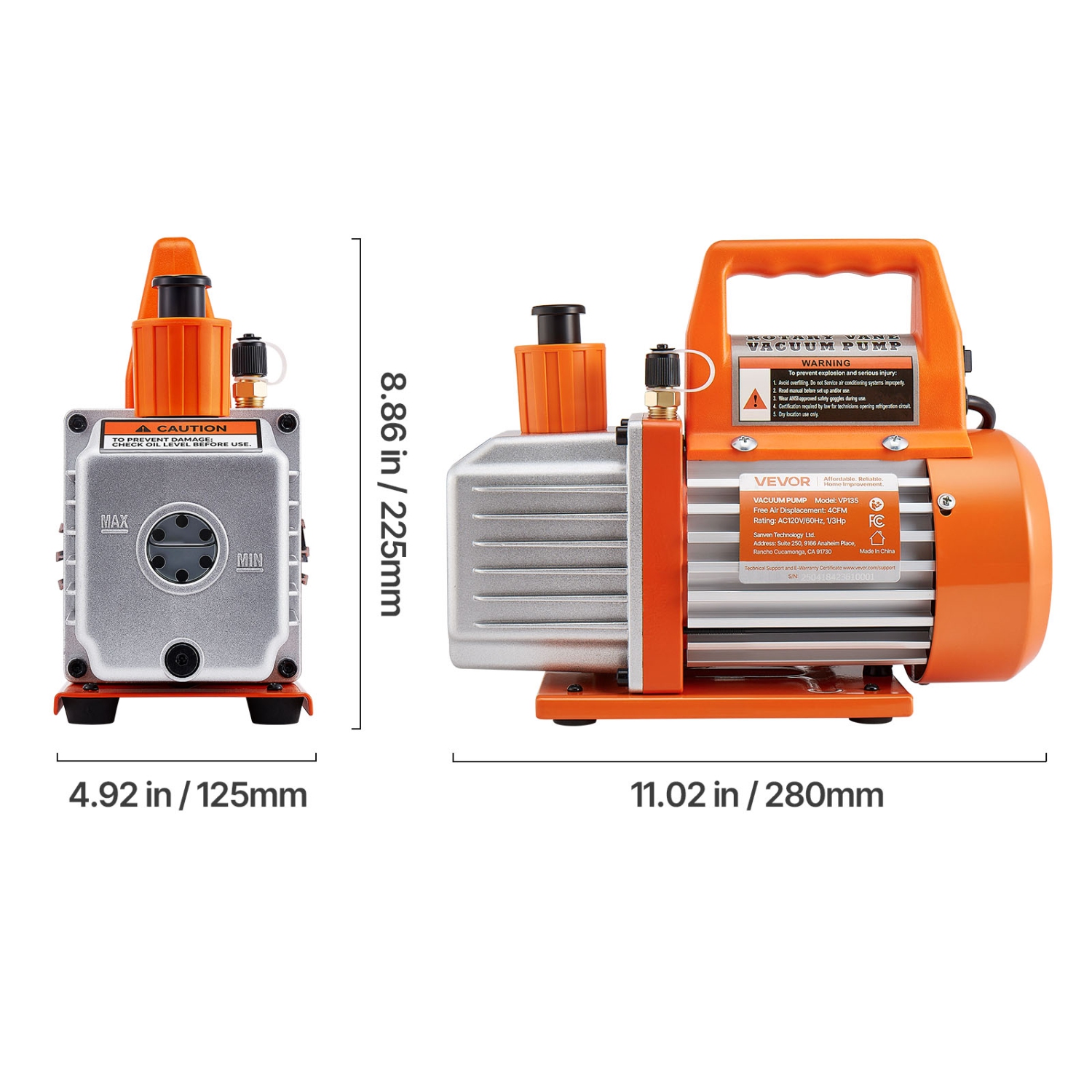 VEVOR 4 CFM AC Vacuum Pump and Gauge Set,1/3 HP,Single Stage Rotary Vane HVAC Air Vacuum Pump,A/C Refrigerant Manifold Gauge Kit,with Leak