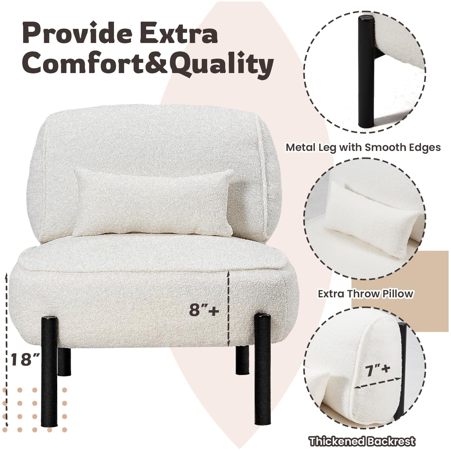 AECOJOY Mid Century Modern Accent Chair, Extra Large Teddy Upholstered Lounge Chair with Pillow, White