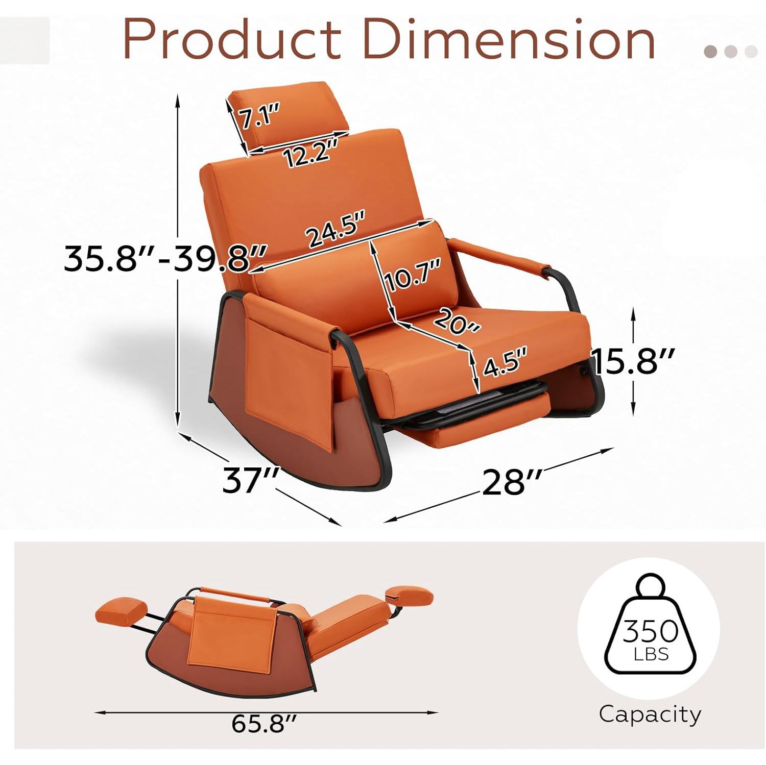 AECOJOY Rocking Chair, Nursery Glider Rocking Recliner Chair with Retractable Footrest & Adjustable Backrest, Orange Leather