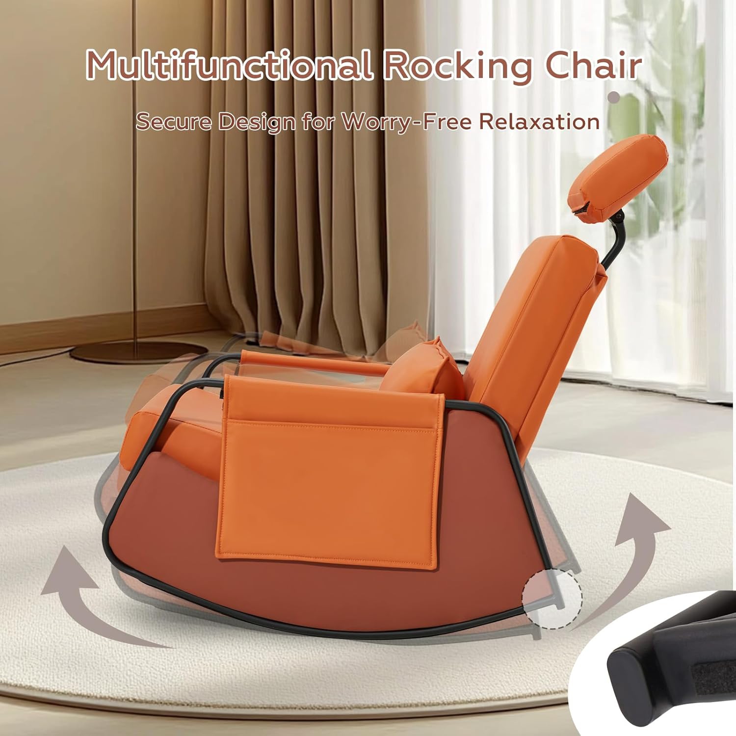 AECOJOY Rocking Chair, Nursery Glider Rocking Recliner Chair with Retractable Footrest & Adjustable Backrest, Orange Leather