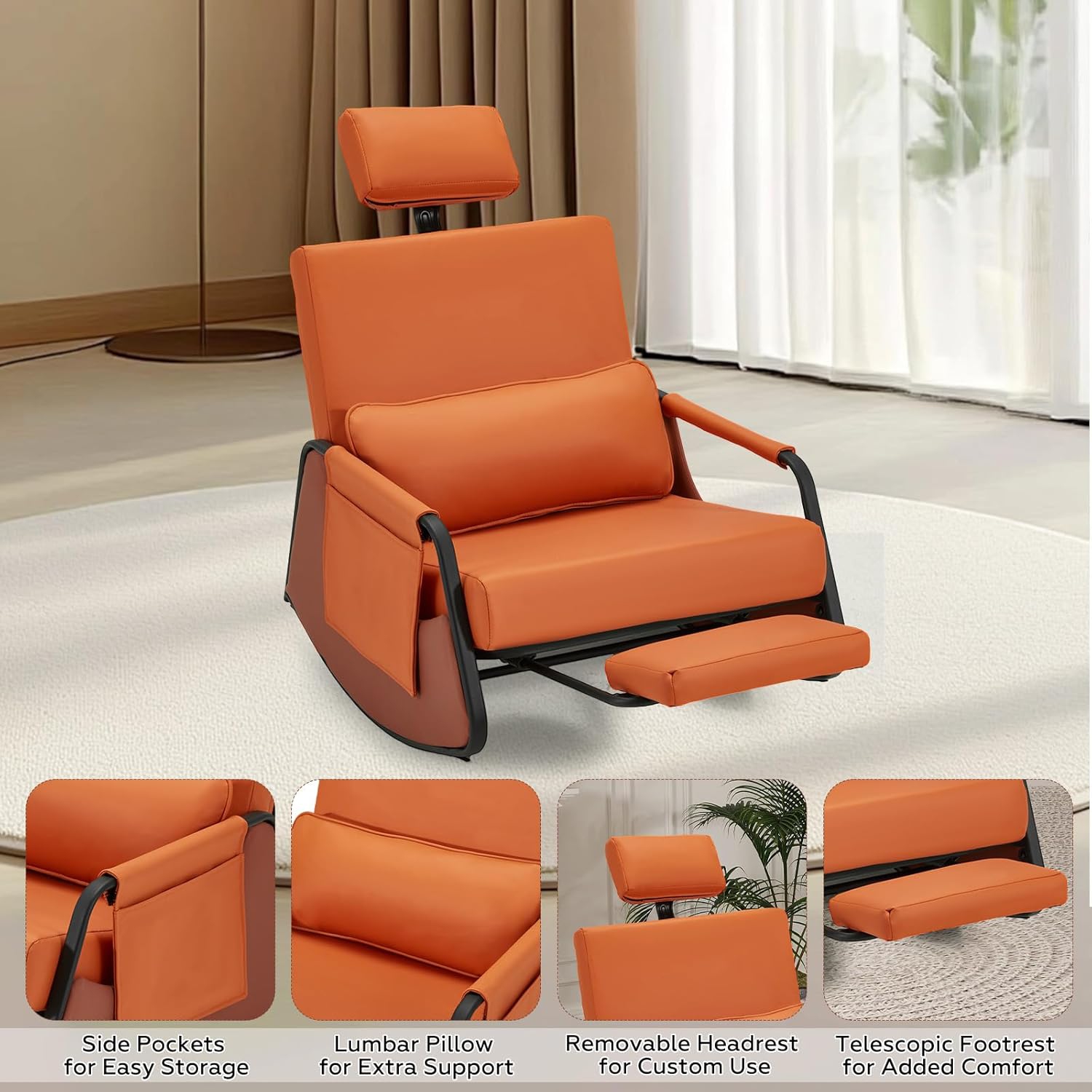AECOJOY Rocking Chair, Nursery Glider Rocking Recliner Chair with Retractable Footrest & Adjustable Backrest, Orange Leather