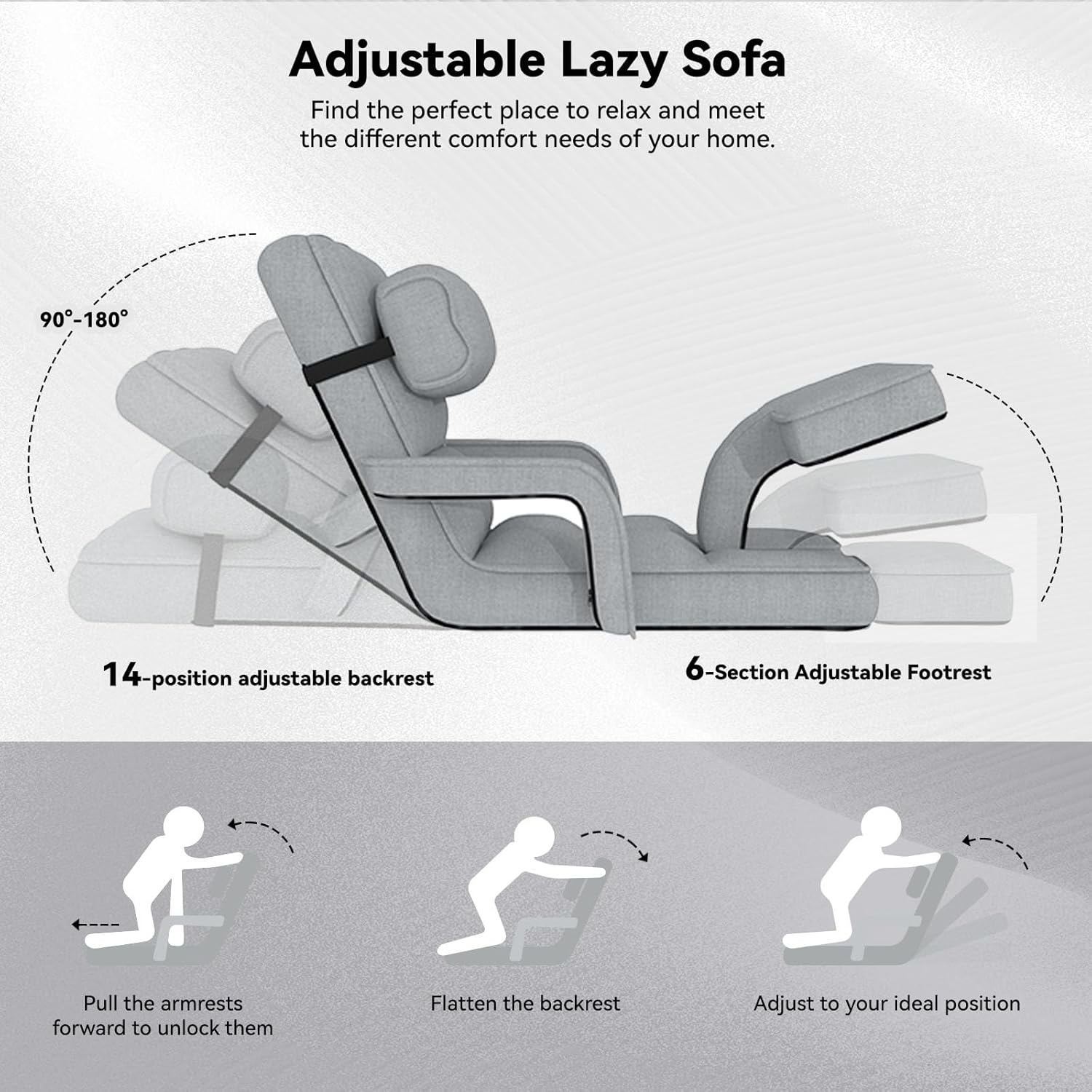 AECOJOY Floor Chair, Padded Folding Gaming Chair with 14-Level Adjustable Backrest, Portable Lazy Sofa for Living Room, Grey