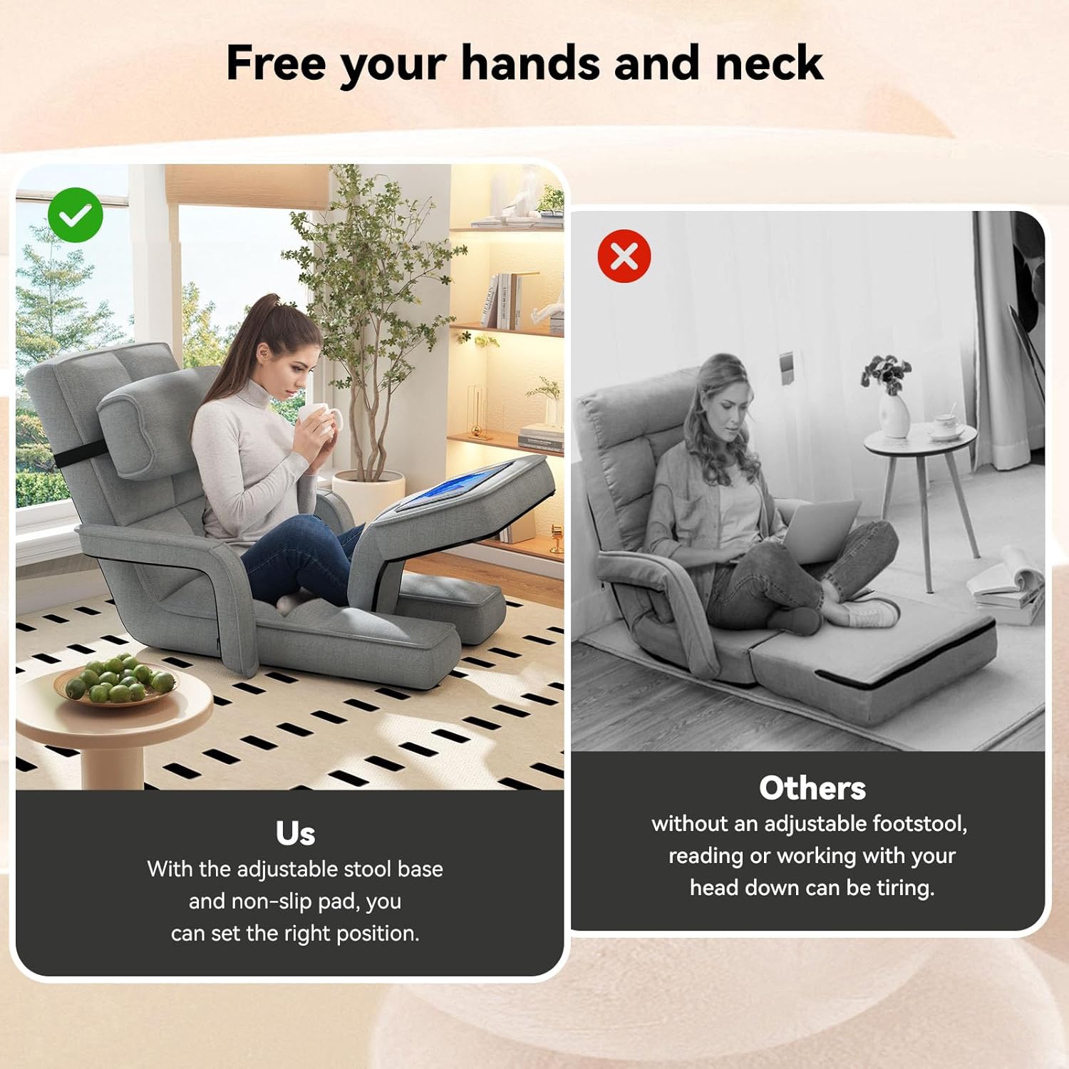 AECOJOY Floor Chair, Padded Folding Gaming Chair with 14-Level Adjustable Backrest, Portable Lazy Sofa for Living Room, Grey