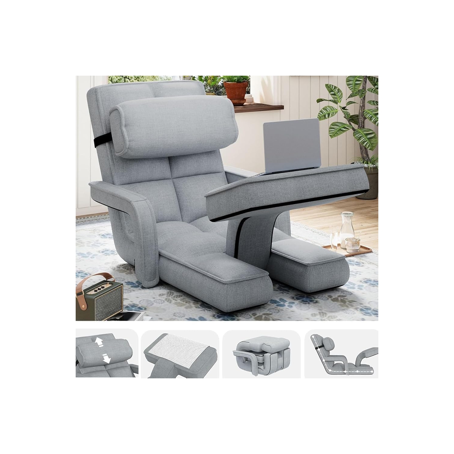 AECOJOY Floor Chair, Padded Folding Gaming Chair with 14-Level Adjustable Backrest, Portable Lazy Sofa for Living Room, Grey