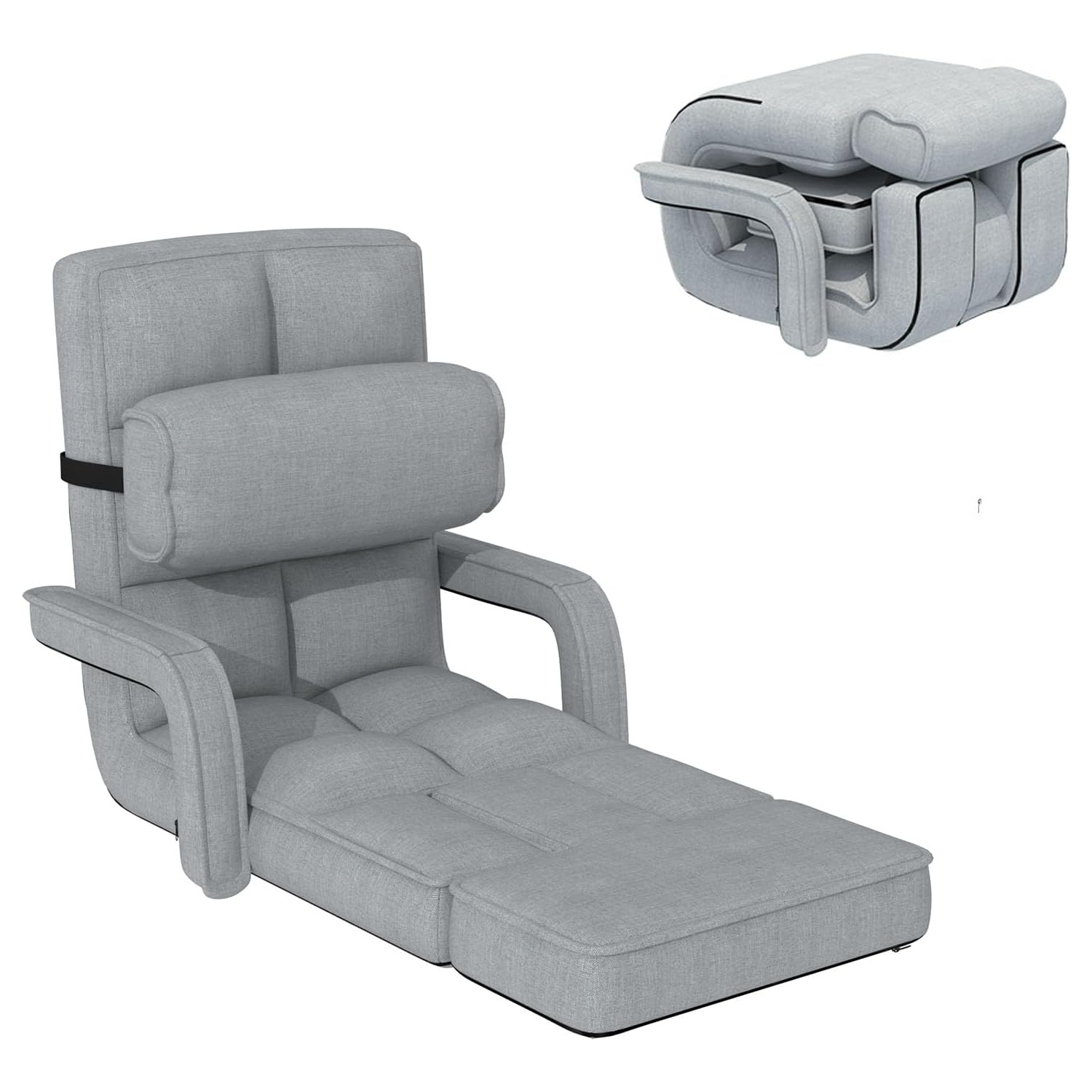 AECOJOY Floor Chair, Padded Folding Gaming Chair with 14-Level Adjustable Backrest, Portable Lazy Sofa for Living Room, Grey