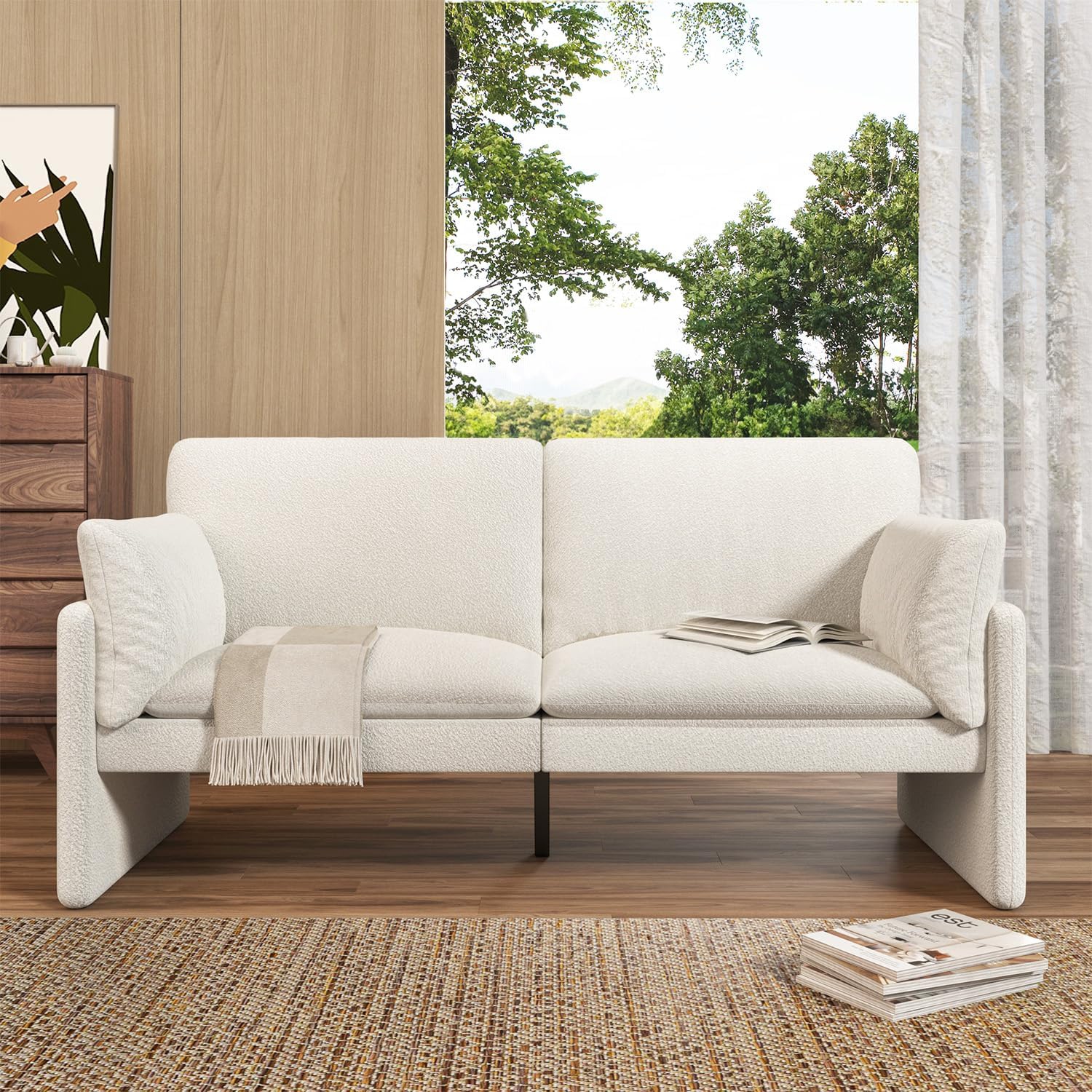 AECOJOY Modern Loveseat Sofa with Thickened Cushions, Soft Cusioned Teddy Couch for Bedroom & Small Spaces, White