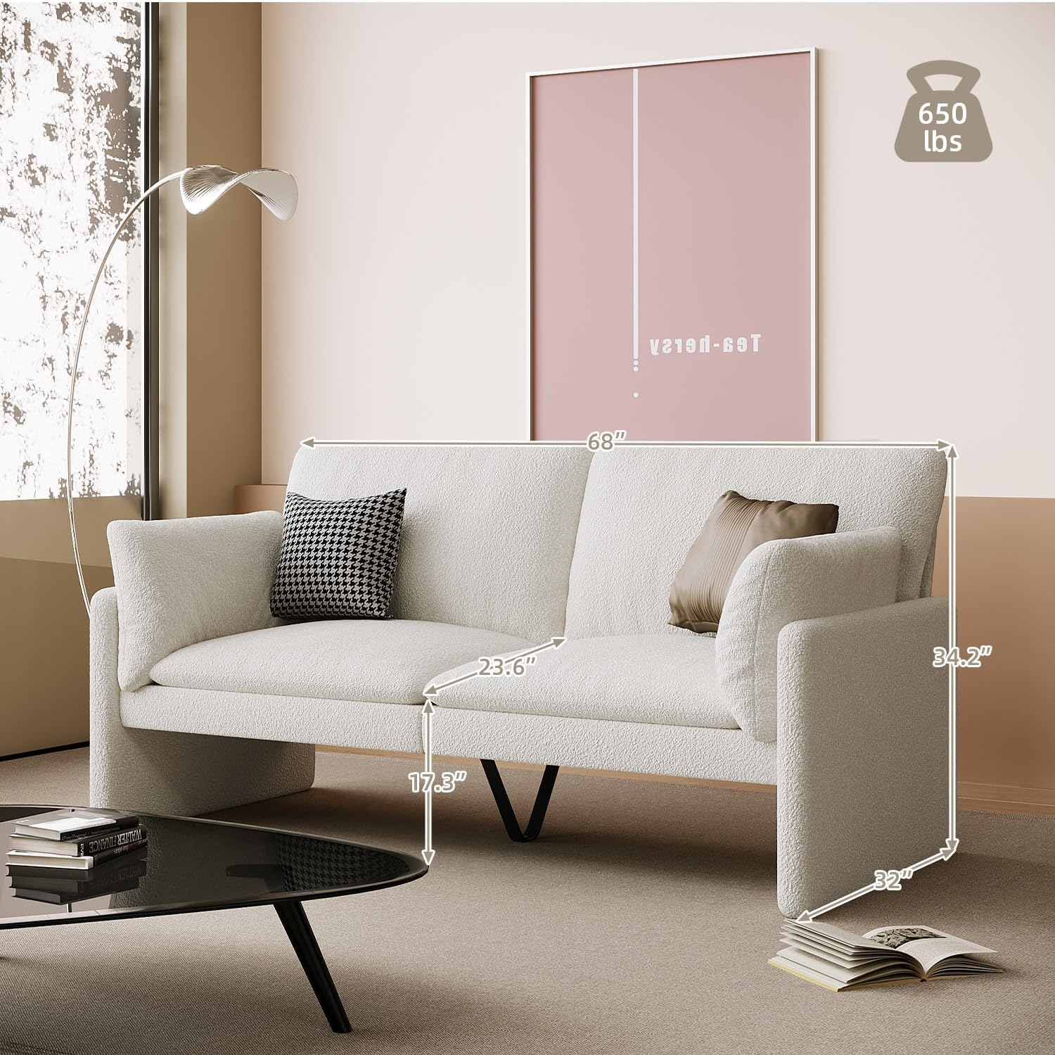 AECOJOY Modern Loveseat Sofa with Thickened Cushions, Soft Cusioned Teddy Couch for Bedroom & Small Spaces, White