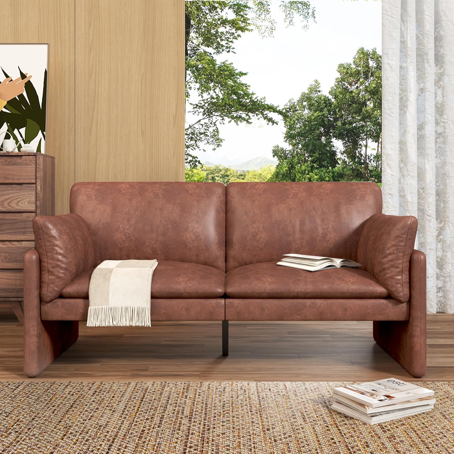AECOJOY Modern Loveseat Sofa with Thickened Cushions, Soft Cusioned Leather Couch for Bedroom & Small Spaces, Brown