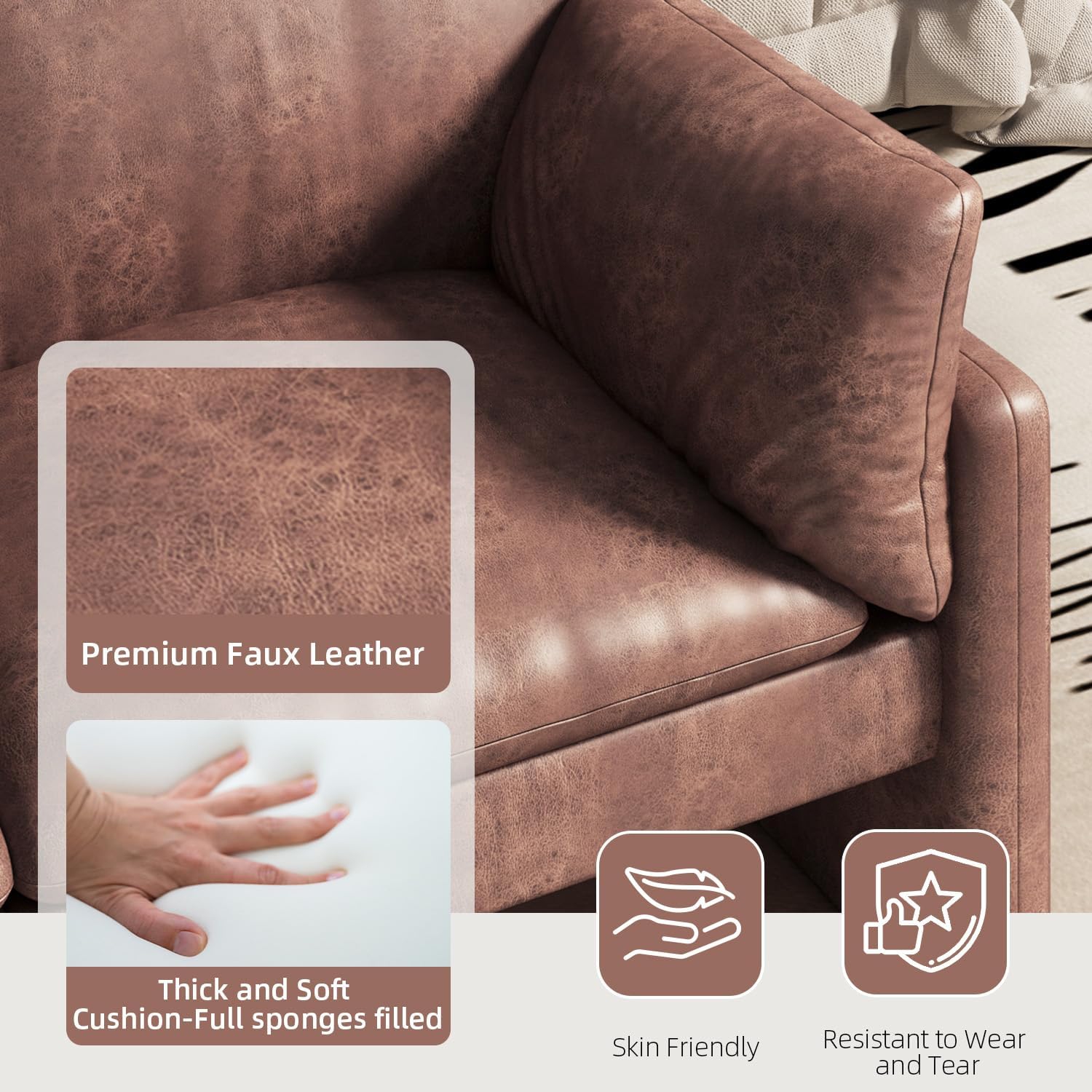 AECOJOY Modern Loveseat Sofa with Thickened Cushions, Soft Cusioned Leather Couch for Bedroom & Small Spaces, Brown