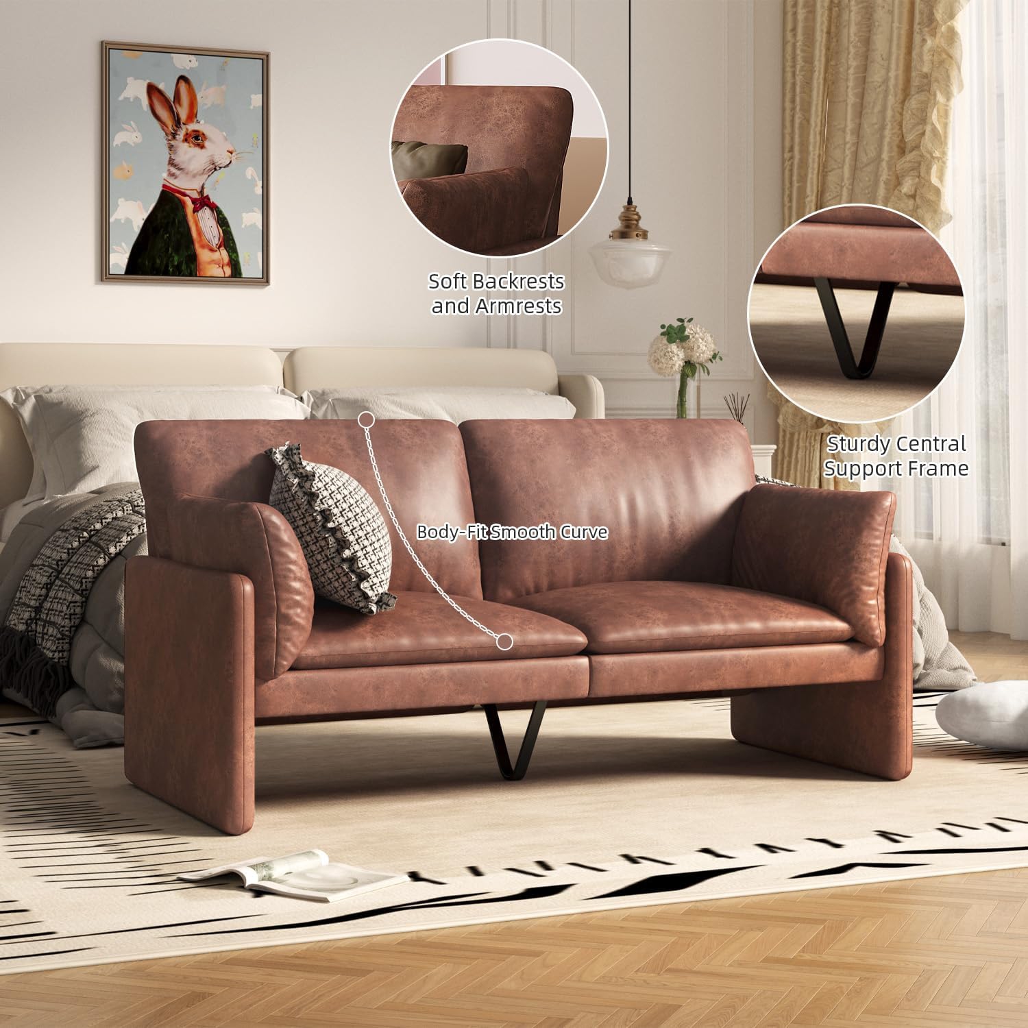 AECOJOY Modern Loveseat Sofa with Thickened Cushions, Soft Cusioned Leather Couch for Bedroom & Small Spaces, Brown