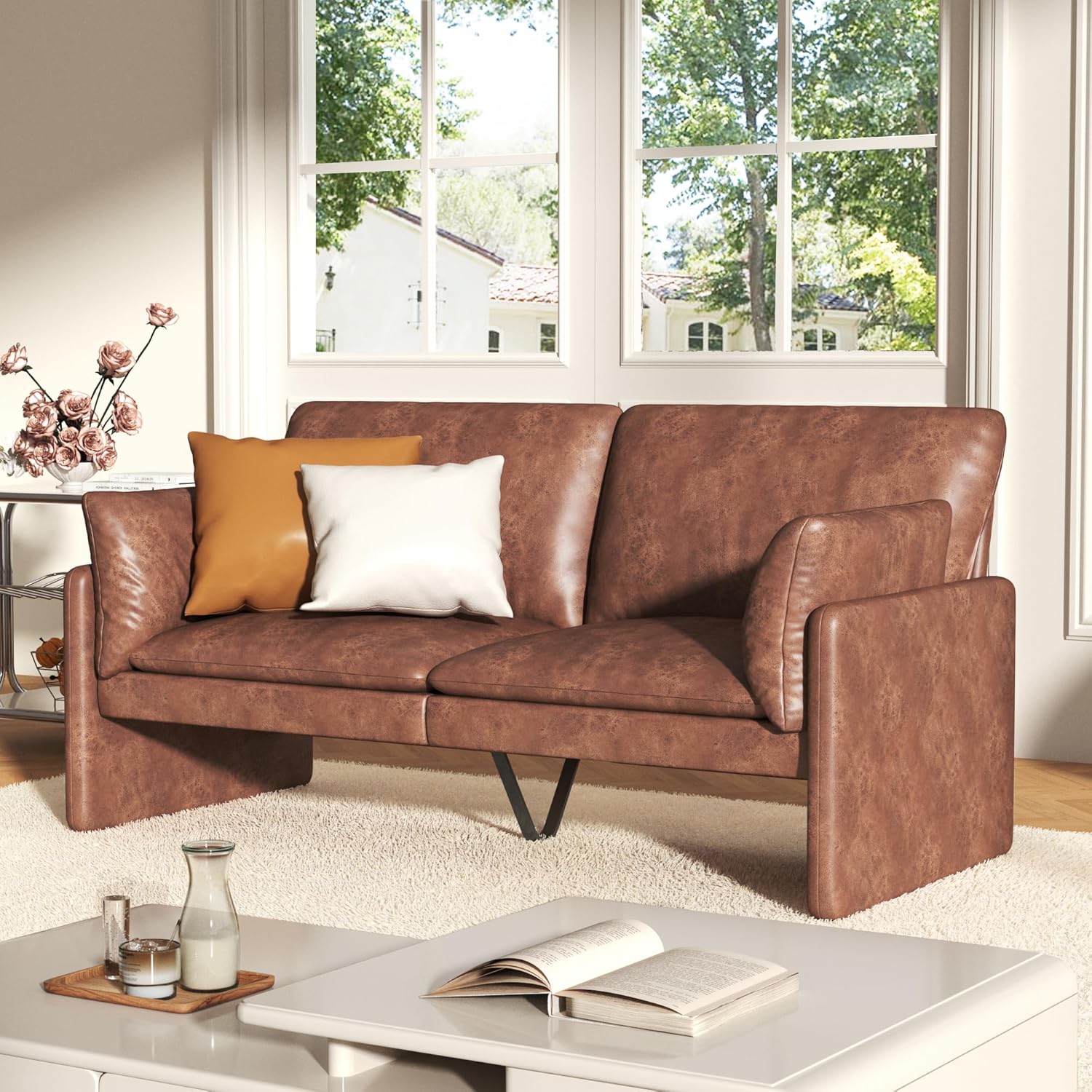 AECOJOY Modern Loveseat Sofa with Thickened Cushions, Soft Cusioned Leather Couch for Bedroom & Small Spaces, Brown