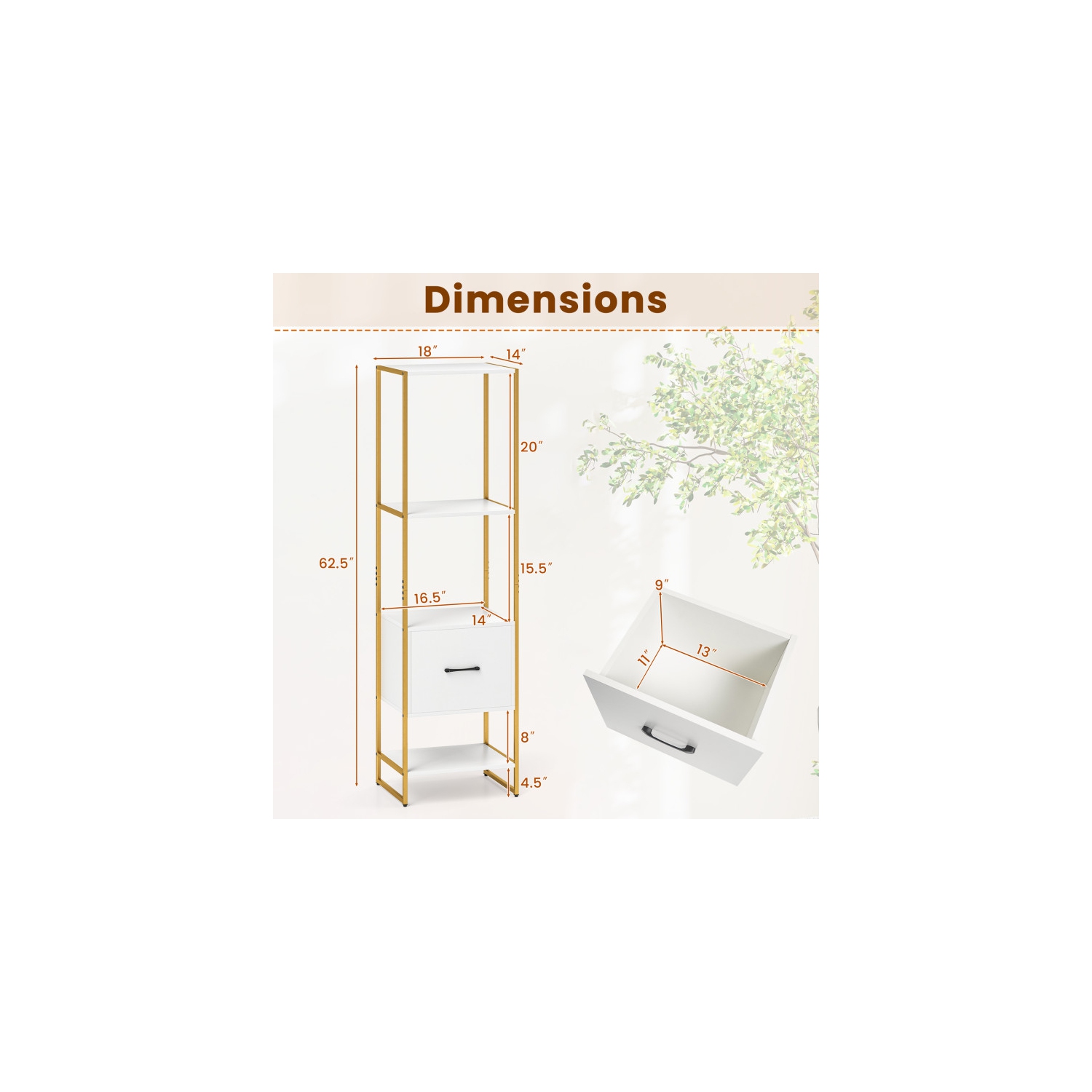 Bibliothèque compacte à 5 niveaux – Bibliothèque étroite avec tiroir et rangement ouvert à 4 niveaux