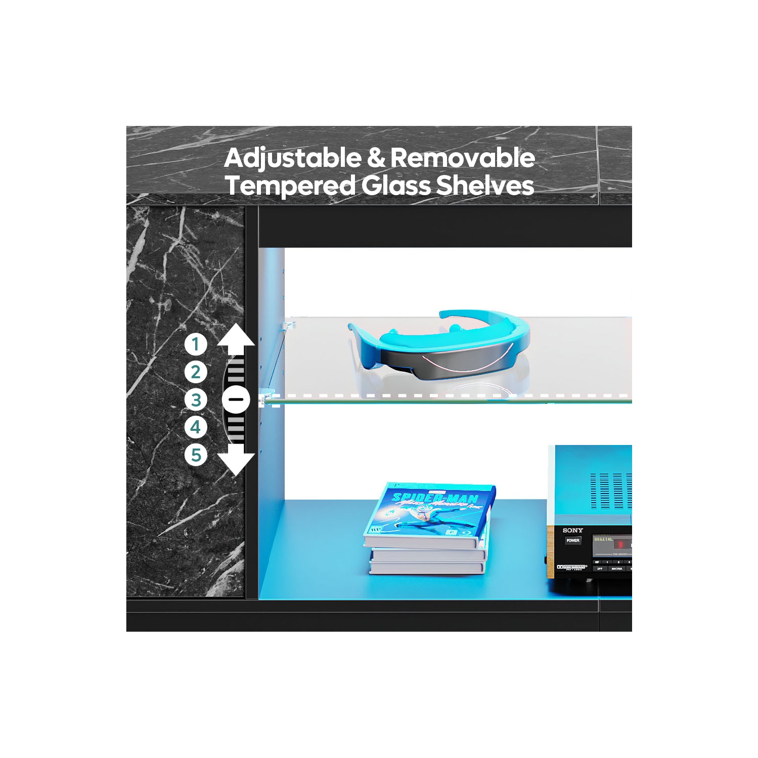 Bestier LED TV Stand for PS5, Modern Gaming Entertainment Center Cabinet for 65 inch TV, Easily Assemble TV Console with Adjustable Glass Shelf for