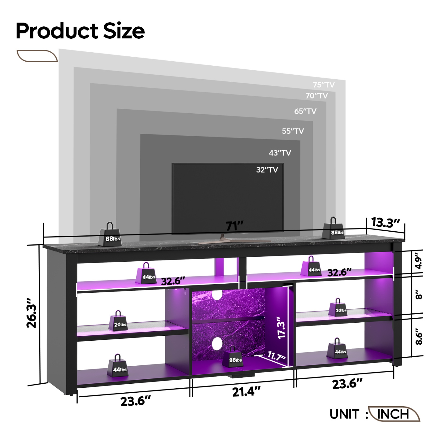Meuble pour téléviseur de jeu de 70 po et moins de Bestier pour téléviseurs jusqu'à 75 po, console multimédia LED avec rangement et
