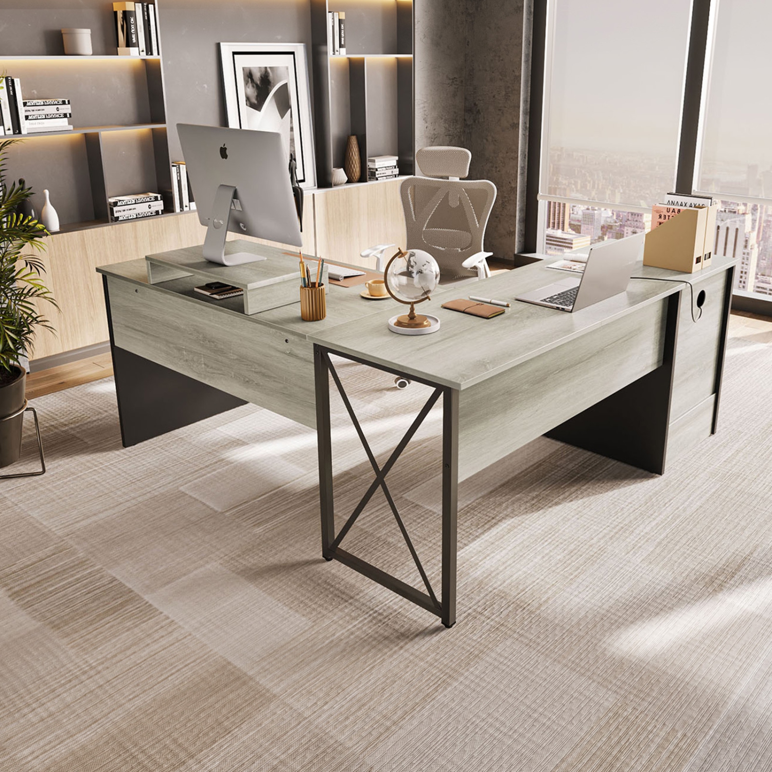 Bestier – Bureau en L à dessus relevable avec tiroir classeur, bureau de 55 x 55&nbsp;po avec tiroirs de rangement réversibles, bureau debout en L