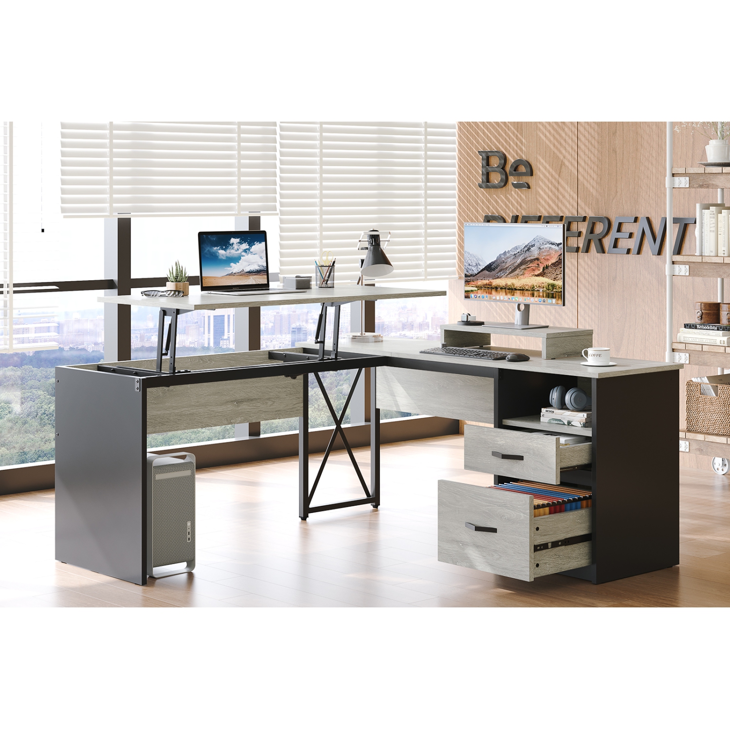 Bestier – Bureau en L à dessus relevable avec tiroir classeur, bureau de 55 x 55&nbsp;po avec tiroirs de rangement réversibles, bureau debout en L