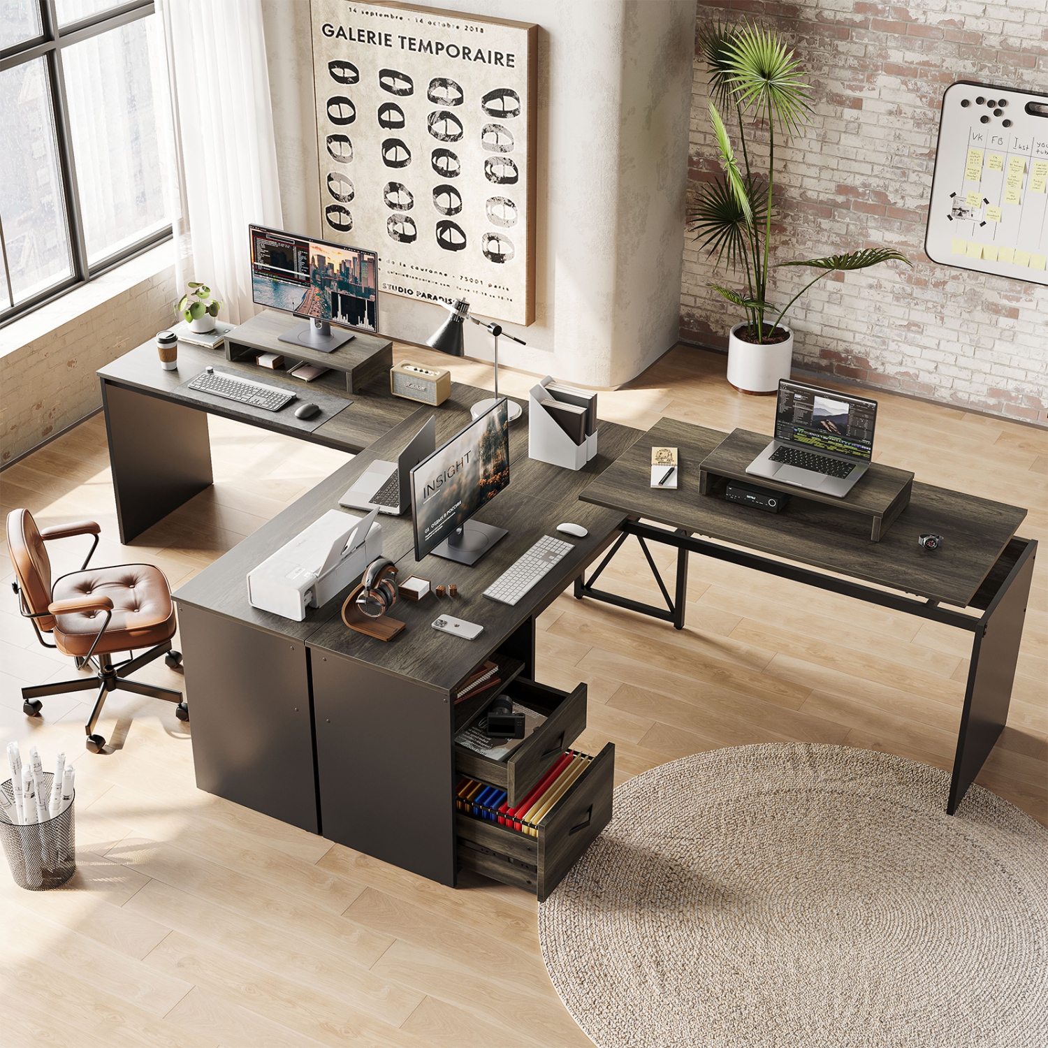 Bestier – Bureau en L à dessus relevable avec tiroir classeur, bureau de 55 x 55 po avec tiroirs de rangement réversibles, bureau debout en L