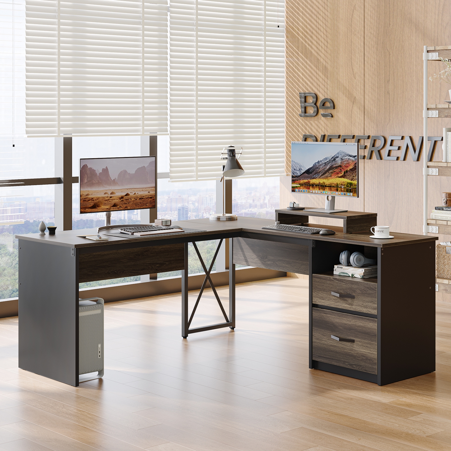 Bestier – Bureau en L à dessus relevable avec tiroir classeur, bureau de 55 x 55 po avec tiroirs de rangement réversibles, bureau debout en L