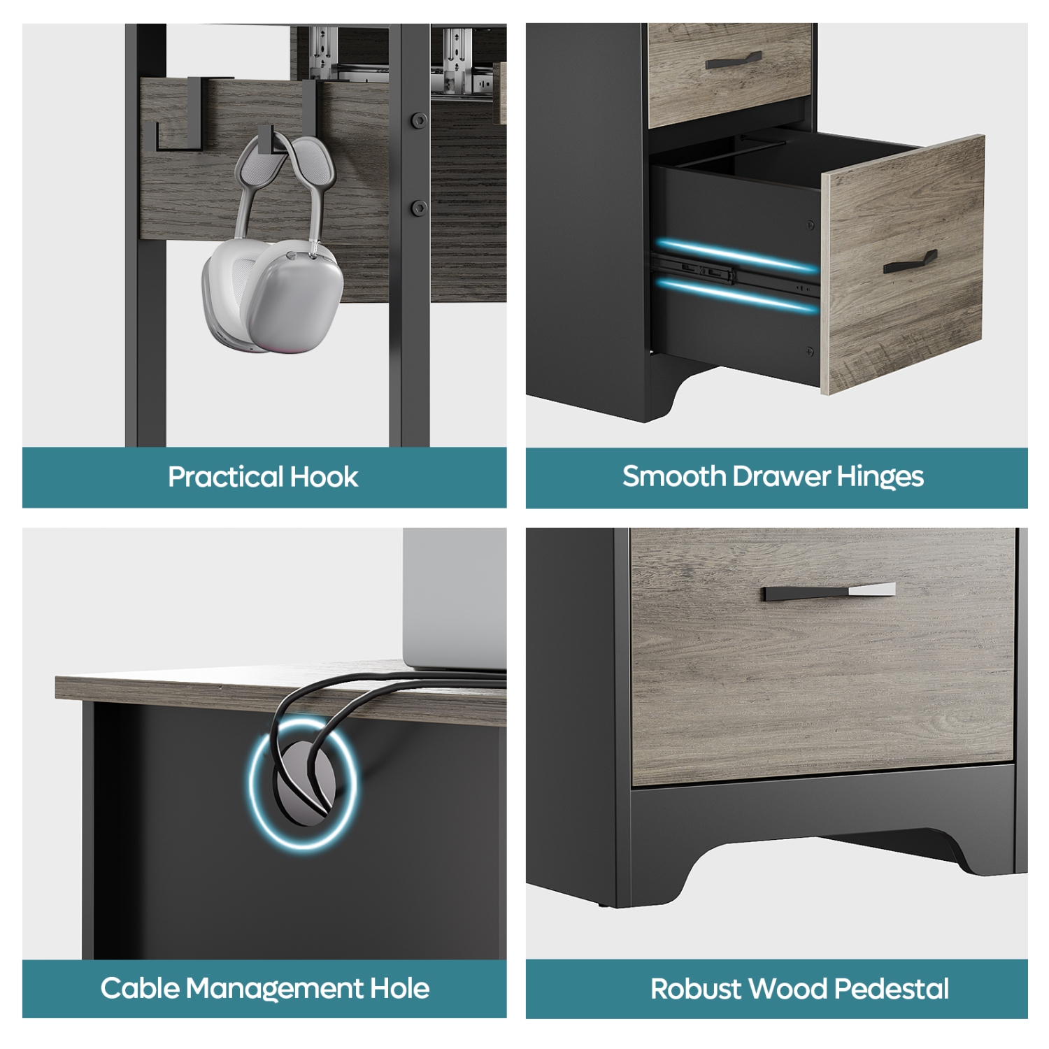 Bureau d'ordinateur de 48&nbsp;po de Bestier avec tiroirs de classement et de rangement, bureau avec plateau pour clavier, crochet pratique et