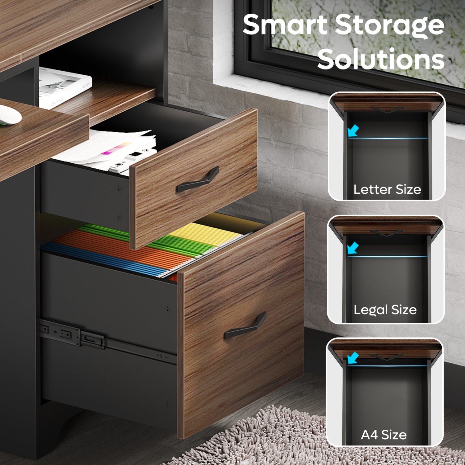 Bureau d'ordinateur de 48&nbsp;po de Bestier avec tiroirs de classement et de rangement, bureau avec plateau pour clavier, crochet pratique et