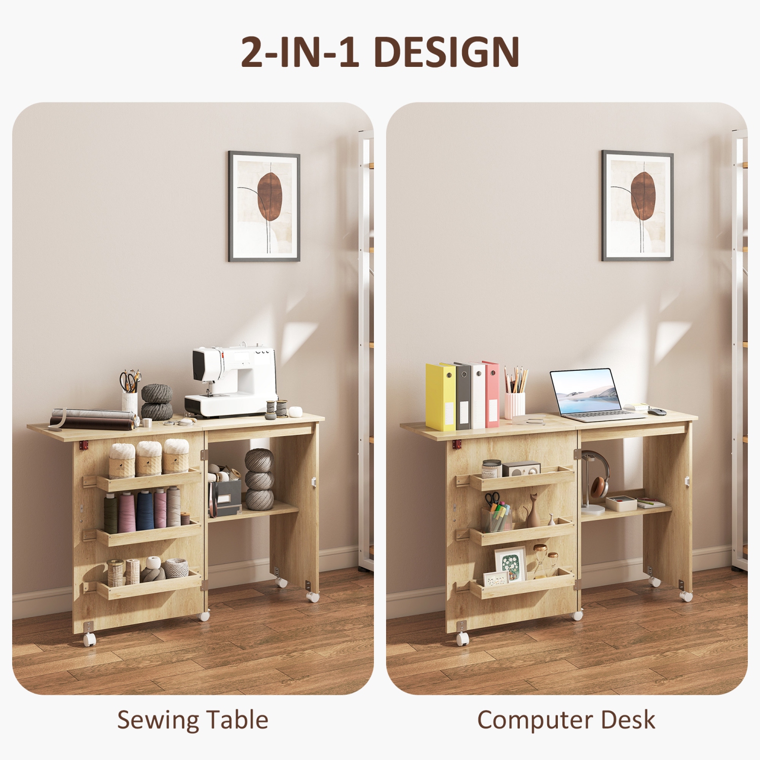 HOMCOM Folding Sewing Table, Rolling Sewing Machine Cabinet, Multipurpose Craft Table with Storage Shelf, Bins and Lockable Wheels for Small Space,