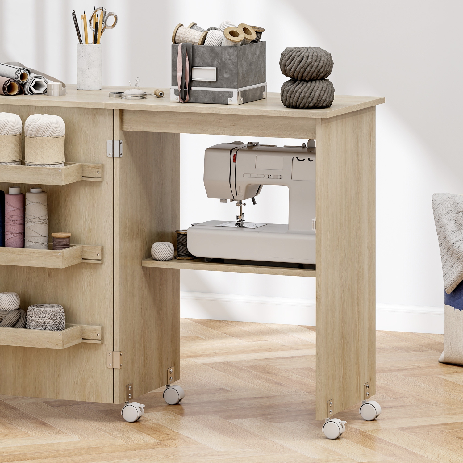 HOMCOM Folding Sewing Table, Rolling Sewing Machine Cabinet, Multipurpose Craft Table with Storage Shelf, Bins and Lockable Wheels for Small Space,