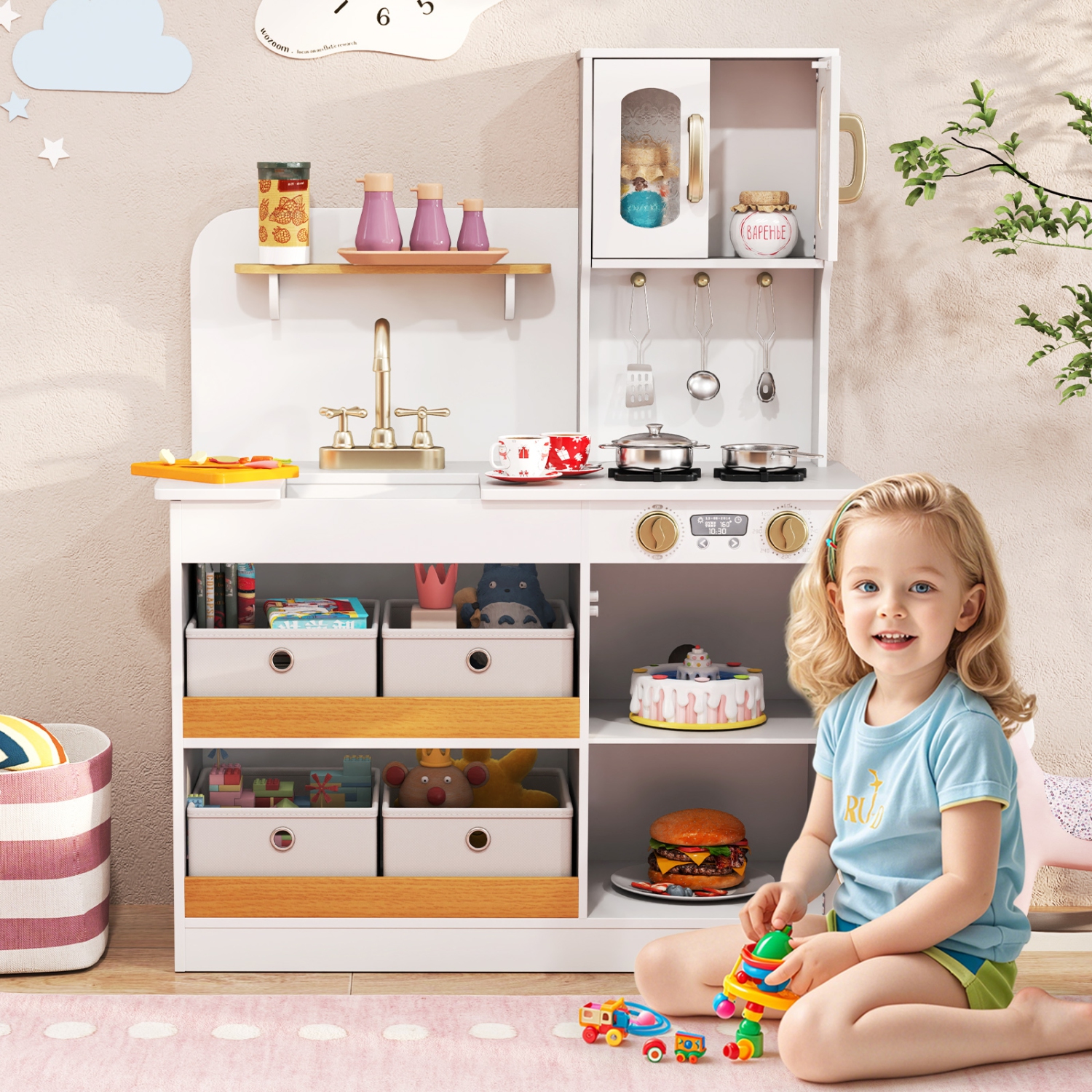 Gymax Kids Kitchen Playset Toy Play Kitchen w/ 4 Fabric Drawers Stoves Oven & Faucet