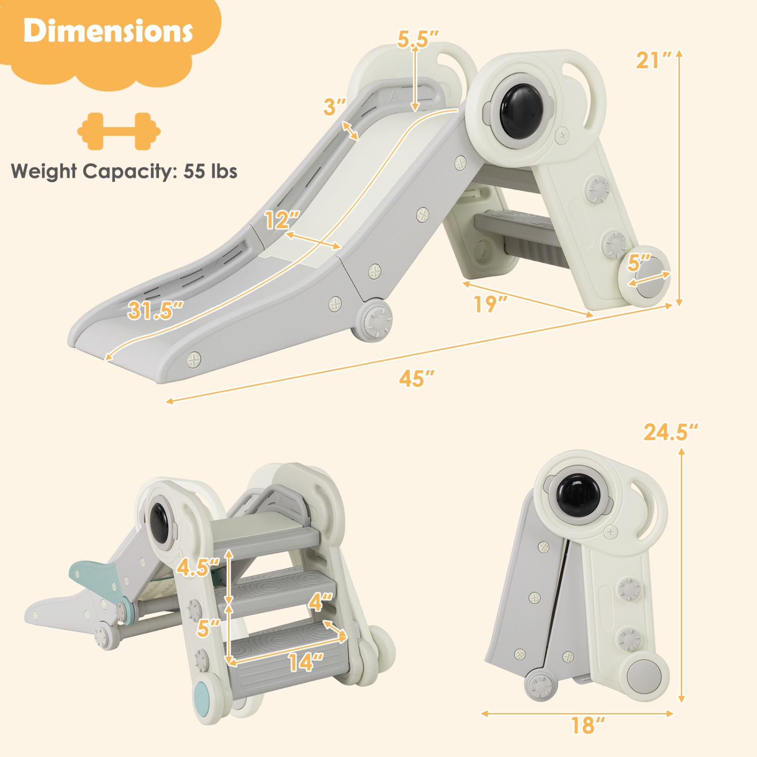 Gymax Folding Freestanding Toddler Slide for Toddlers Age 18+ Months w/ Climber Indoor Gray