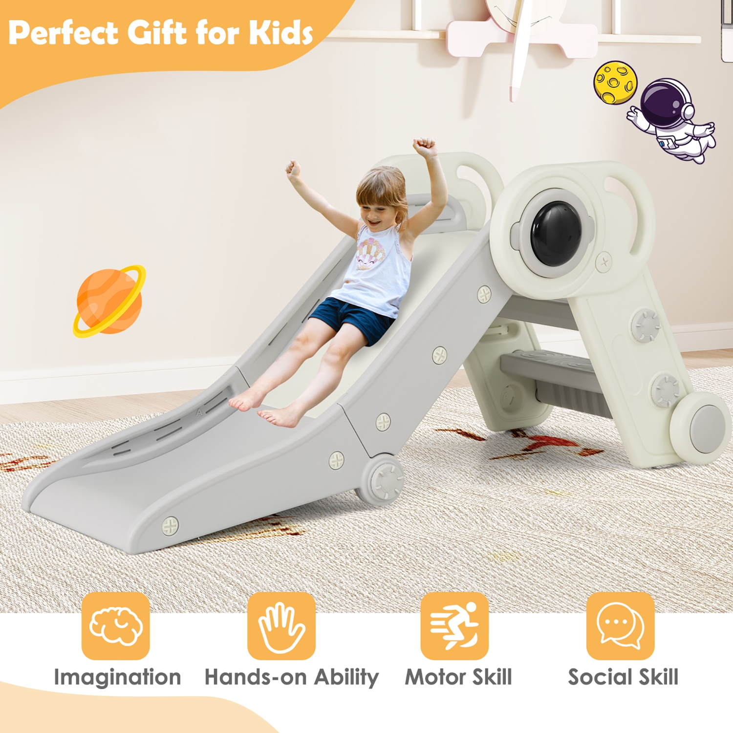 Gymax Folding Freestanding Toddler Slide for Toddlers Age 18+ Months w/ Climber Indoor Gray