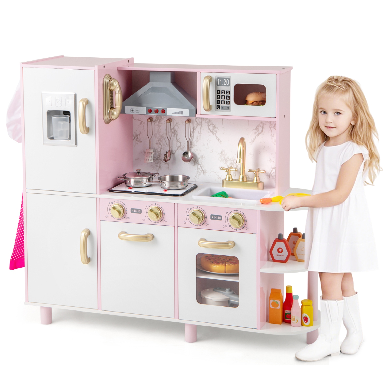 Gymax Kids Kitchen Playset w/ Apron Stoves Hood Oven Ice Maker Microwave Telephone